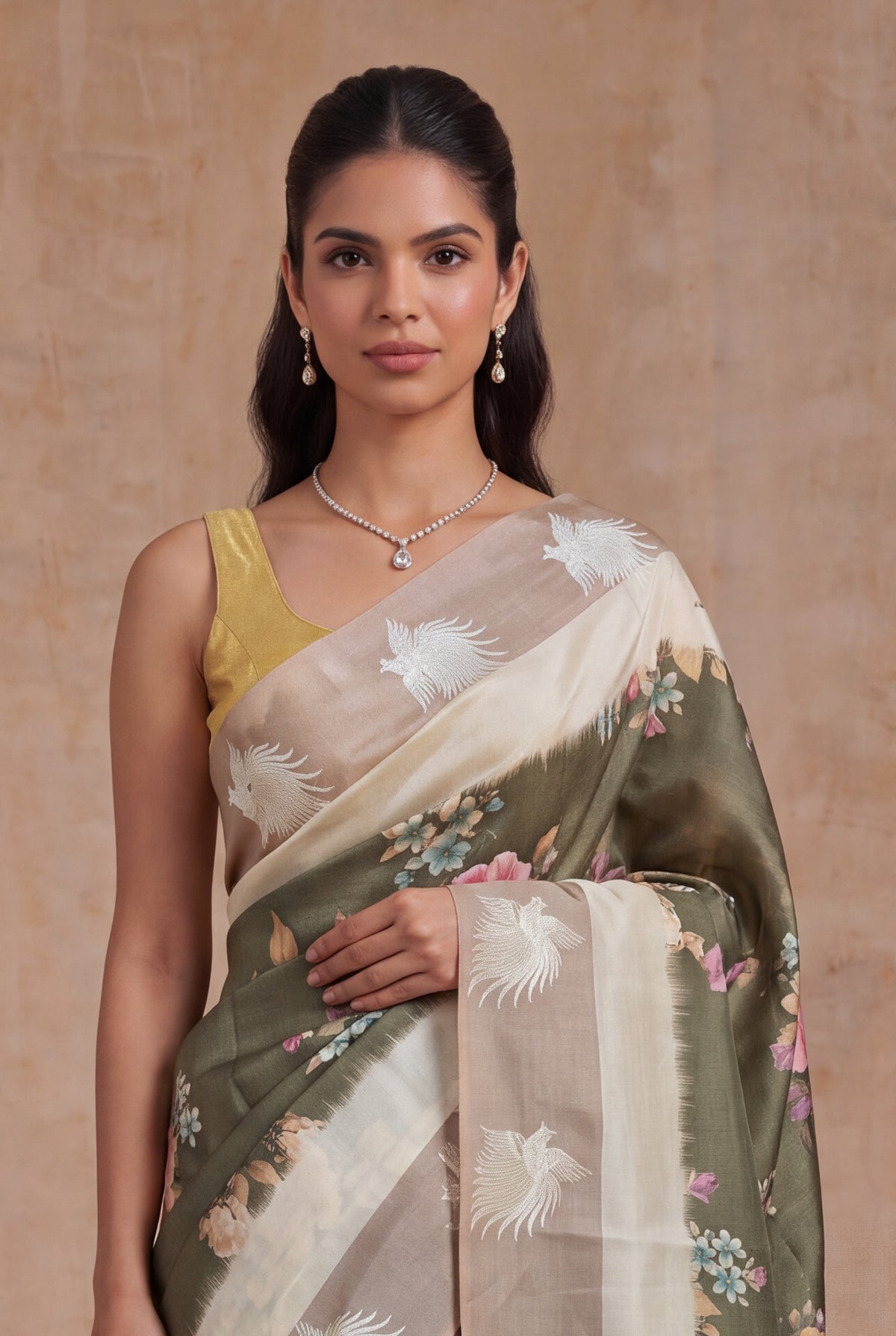 Olive Green Tussar Silk Saree