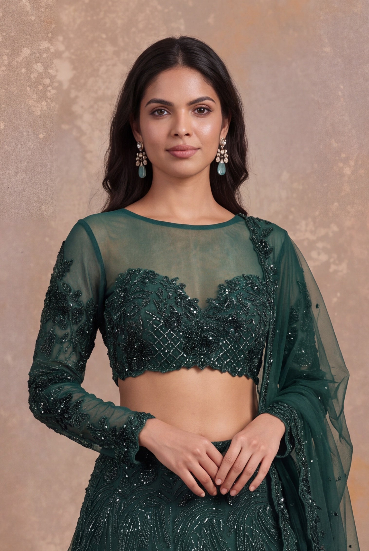 Emerald Green Net Lehenga with Sheer Sleeves and Swirling Bead Embroidery