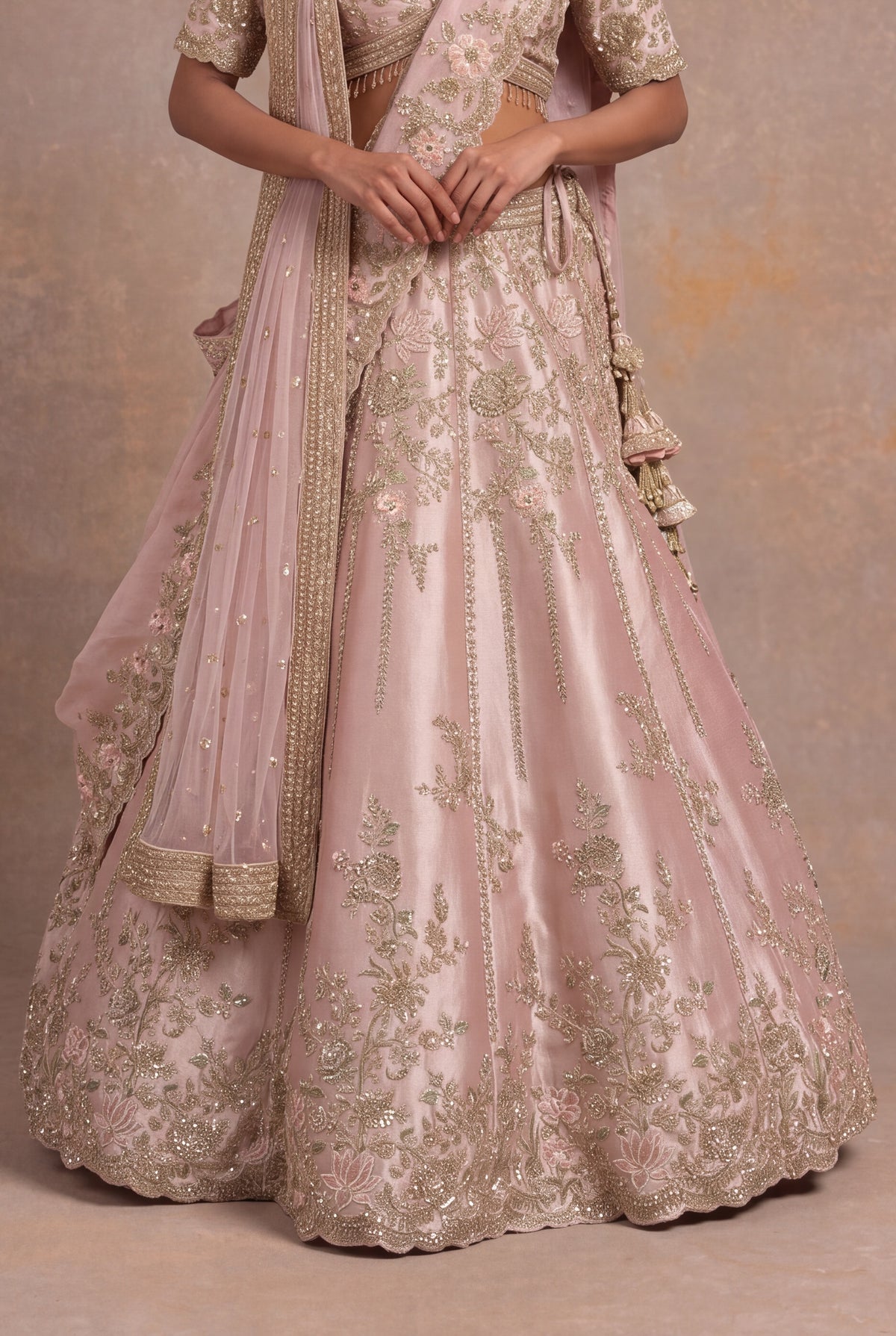 Baby Pink Tissue Silk Lehenga Set with Thread and Zardozi Work
