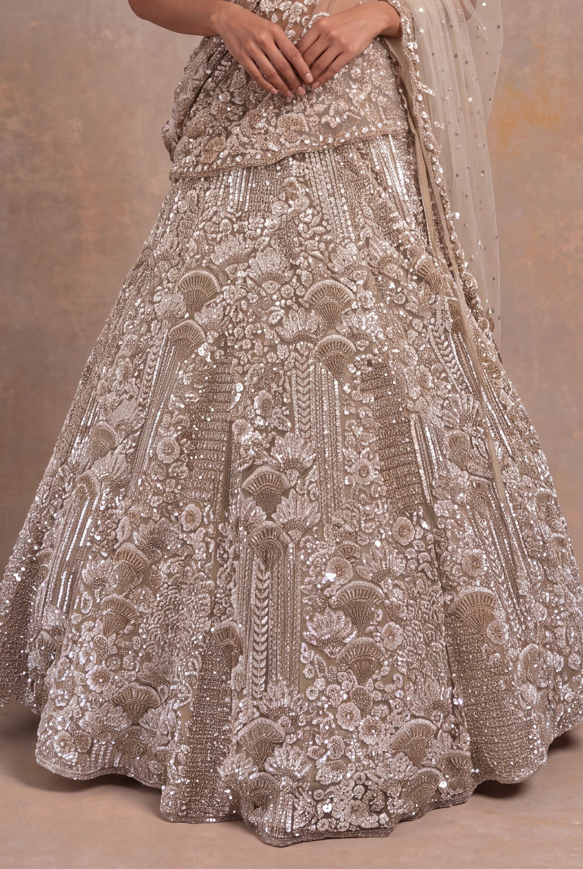 Beige Gold Net Lehenga with Sequin and Bead Embroidery