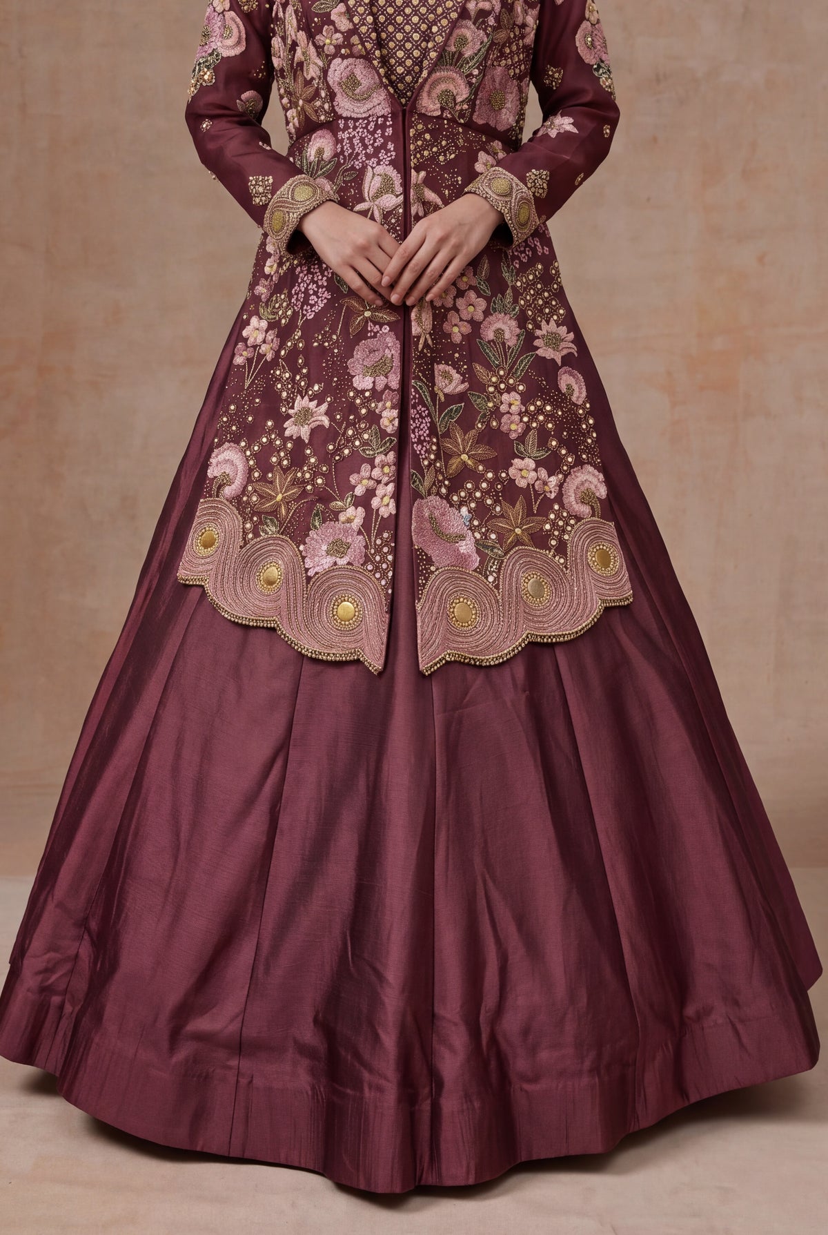 Wine Mauve Raw Silk Jacket Lehenga with Floral Embroidery
