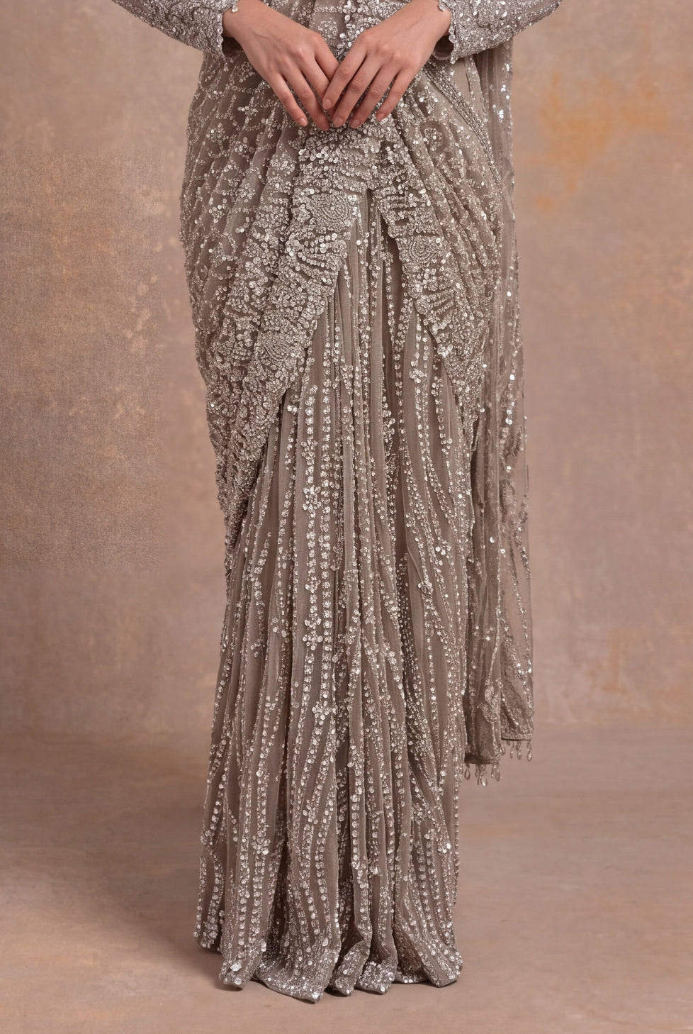 Beige Embellished Net Pre-Draped Saree
