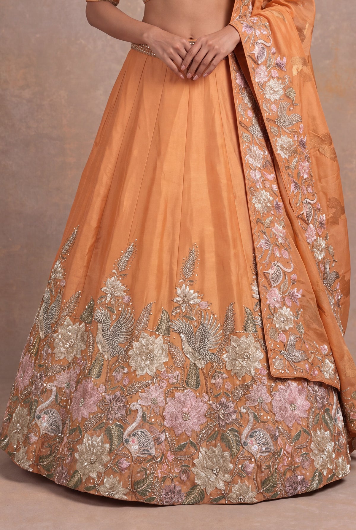 Light Orange Organza Tissue Floral Embroidered Lehenga
