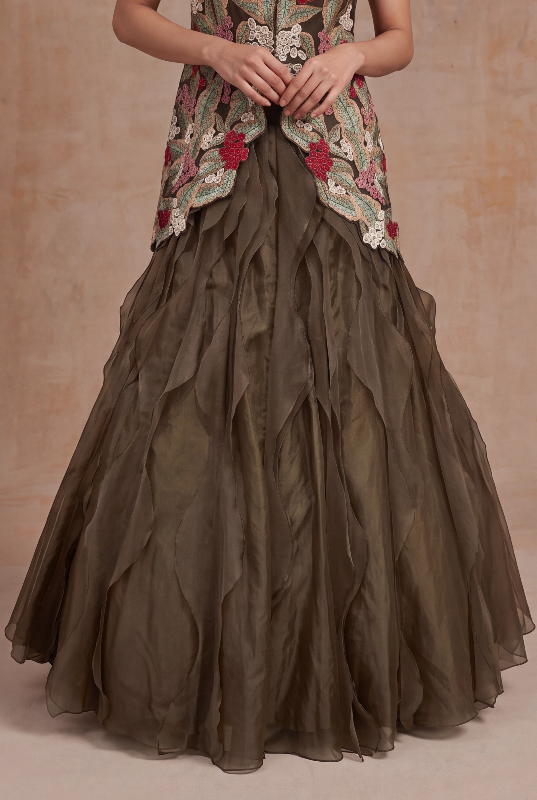 Olive Green Silk & Organza Botanical Embroidery Set