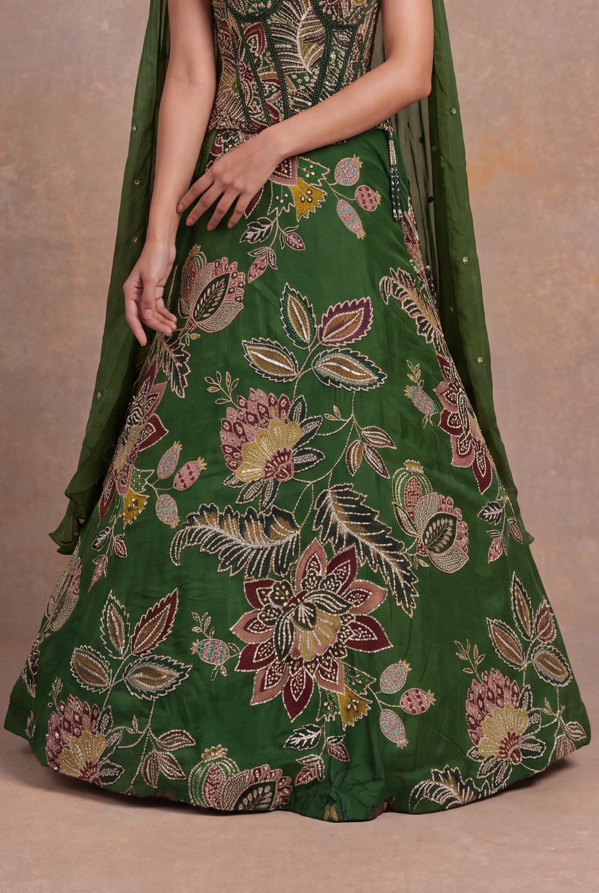 Forest Green Organza Floral Embroidered Corset Lehenga