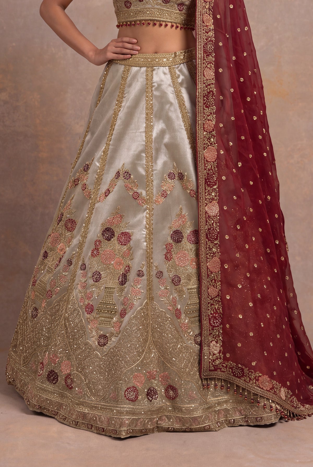 Gray Tissue Lehenga Set with Zardozi and Velvet Applique