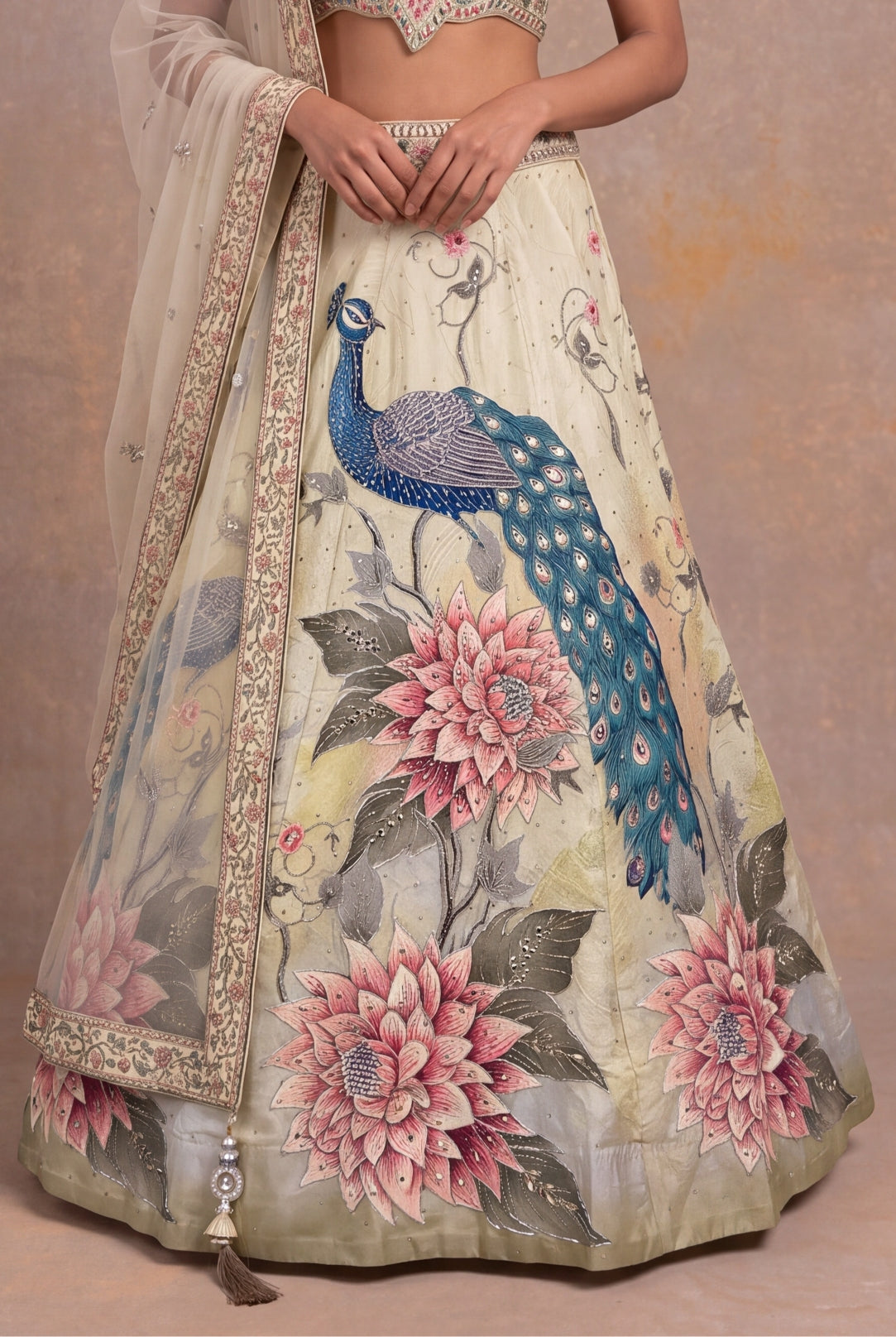 Pista Green Peacock & Floral Silk Lehenga