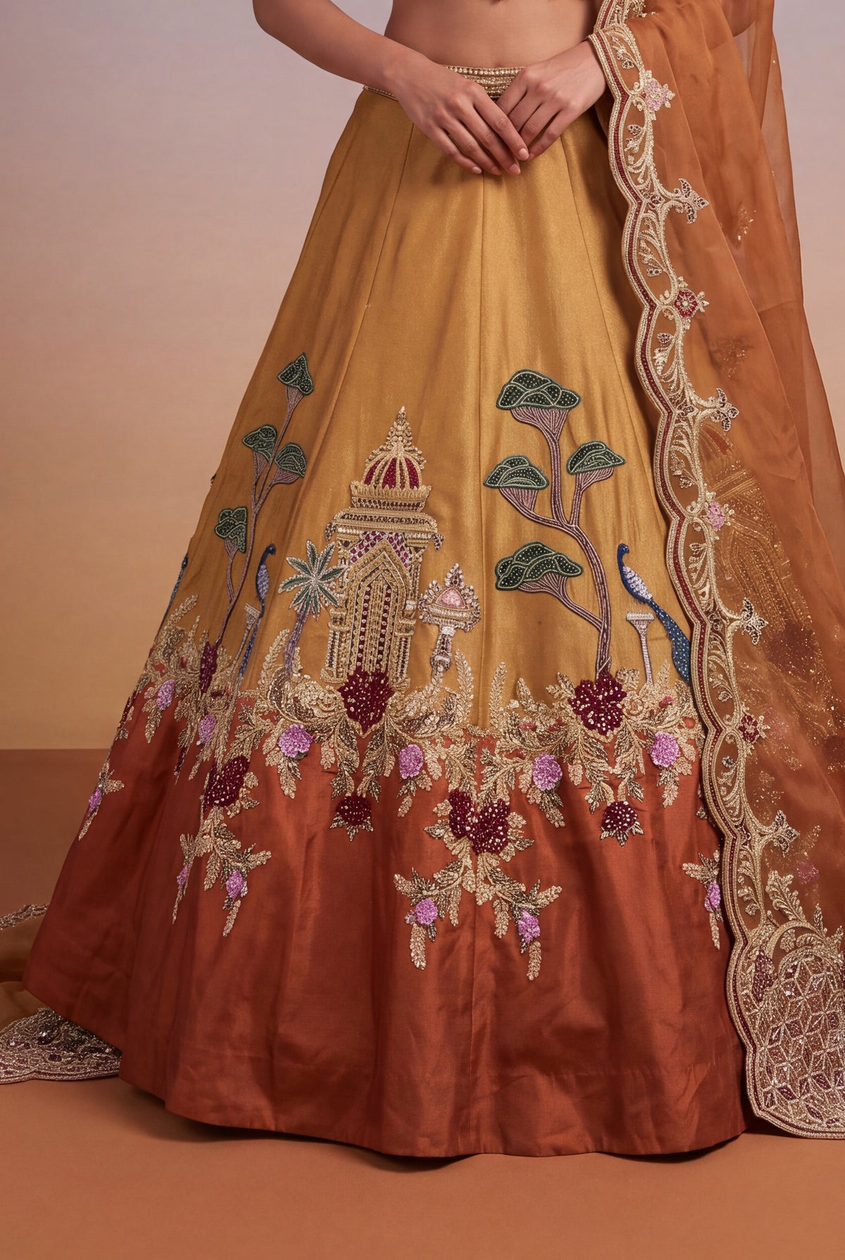 Mustard & Burnt Orange Tissue Lehenga