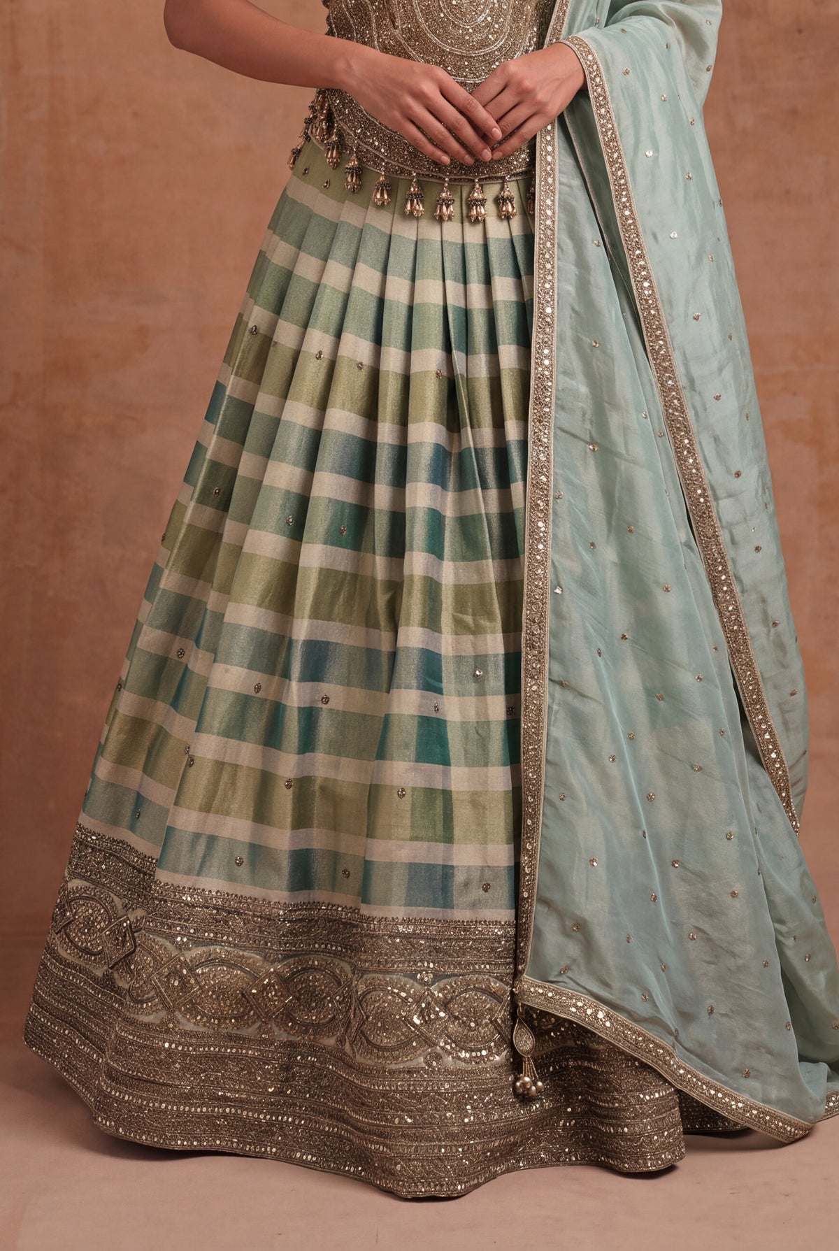 Sage Green Checked Tissue Lehenga