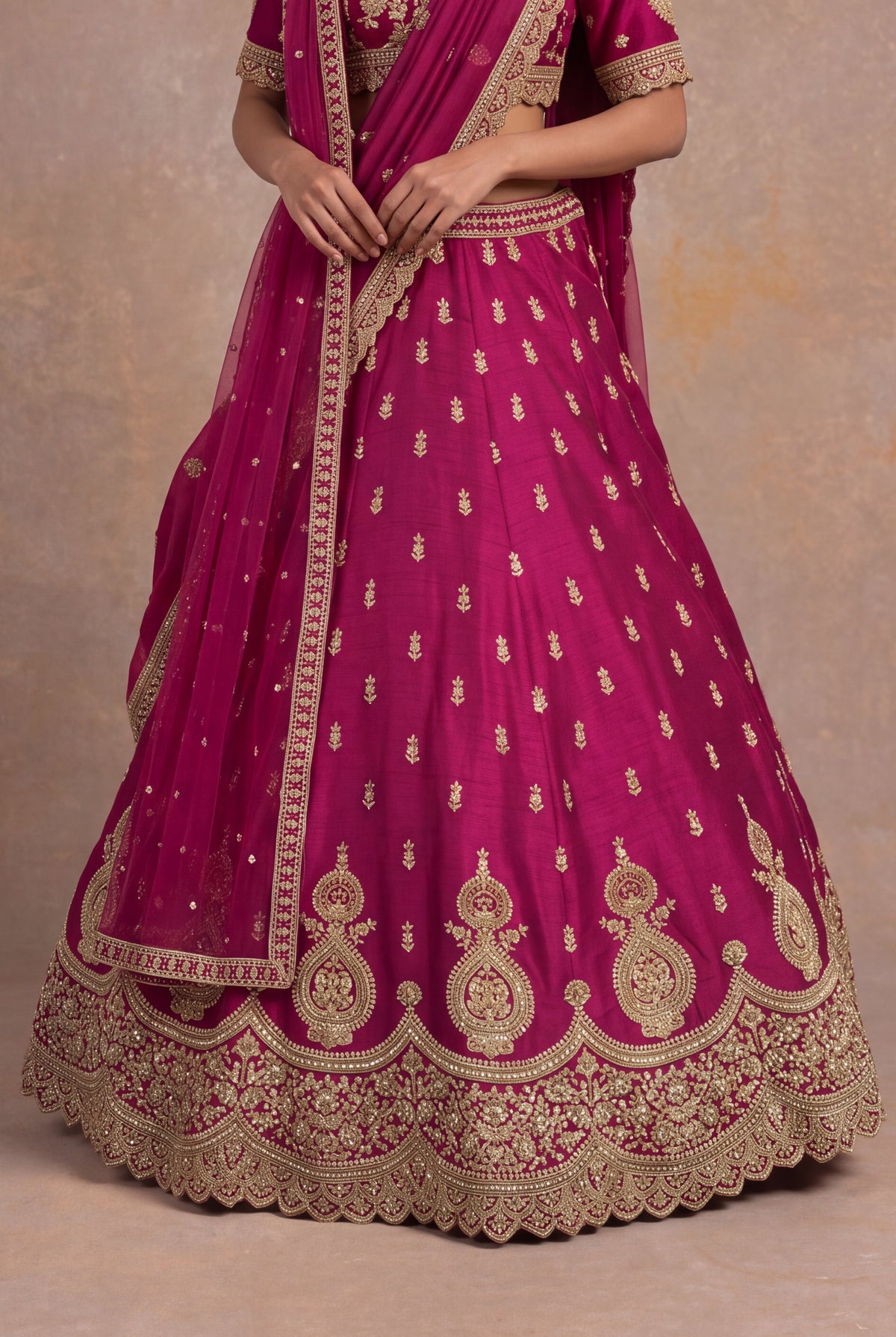 Magenta Raw Silk Lehenga Set with Zardozi and Kundan Work