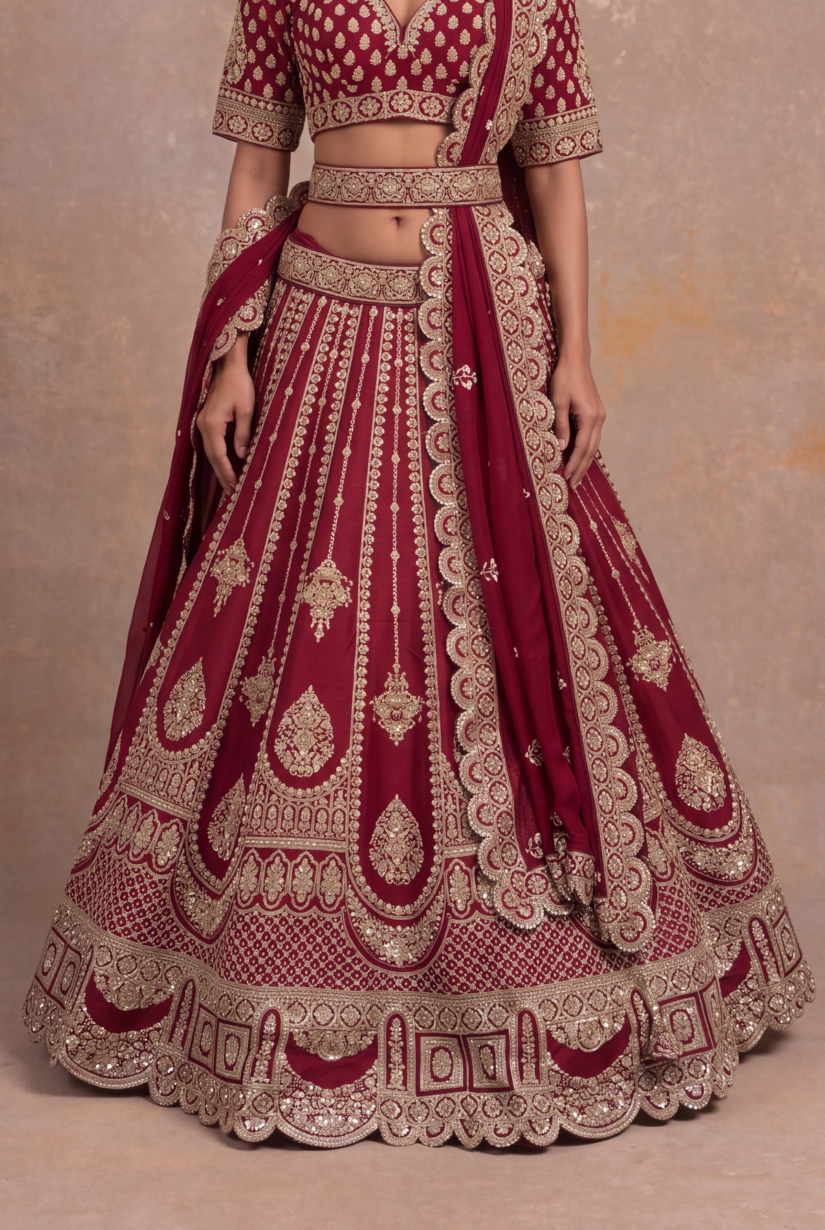 Maroon Raw Silk Lehenga Set with Zari and Pearl Embroidery