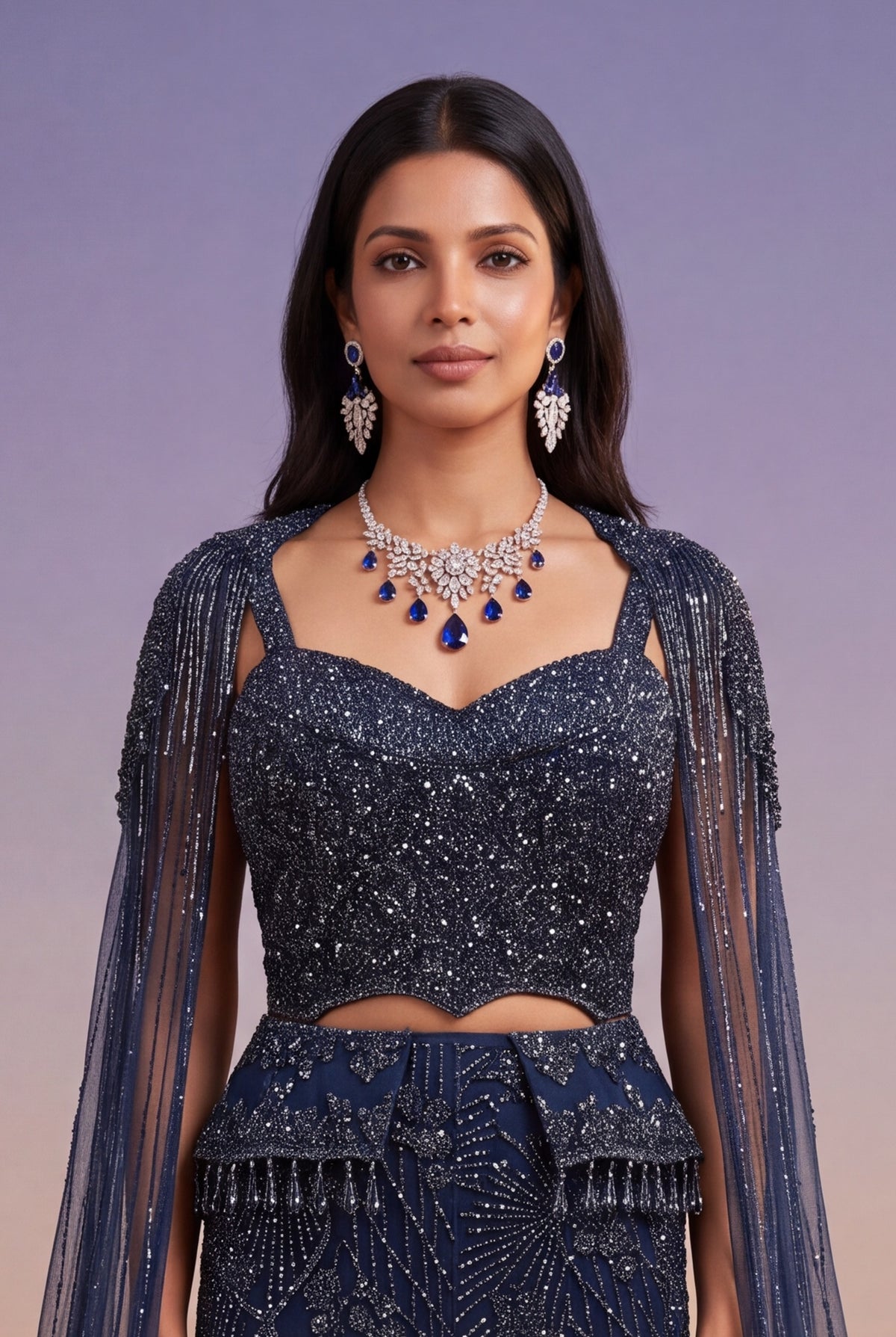 Navy Blue Embellished Fish-Cut Gown with Cape