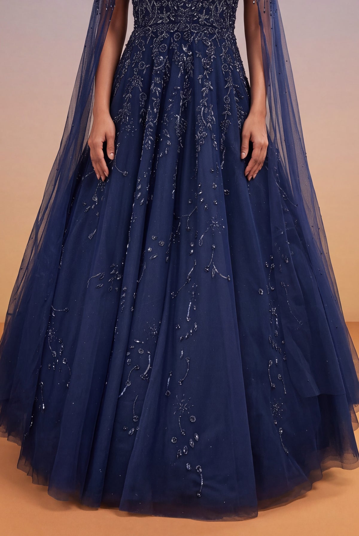 Navy Blue Katdana & Sequin Net Gown with Cape