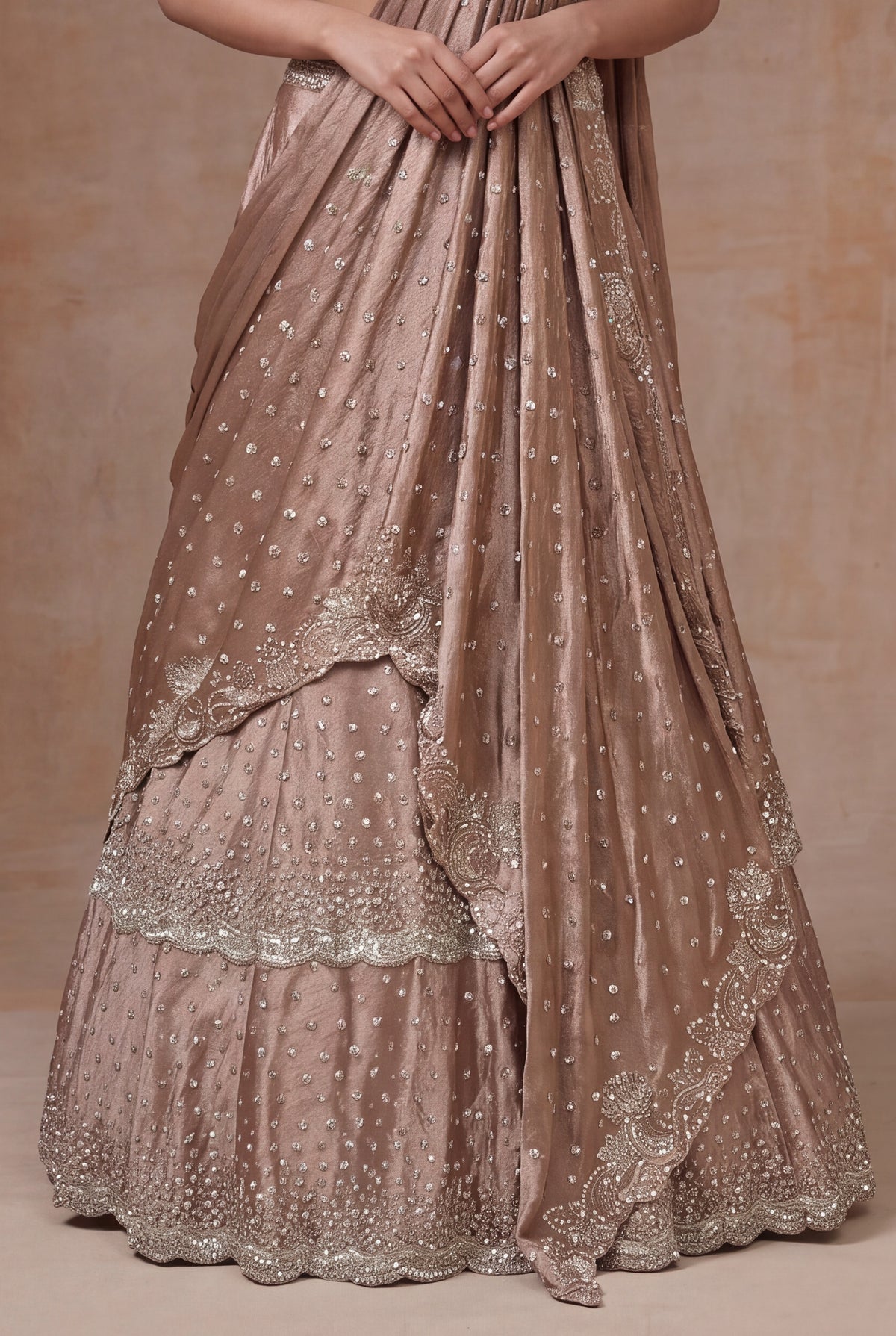 Rose Taupe Satin Silk Draped Lehenga with Sequin Work