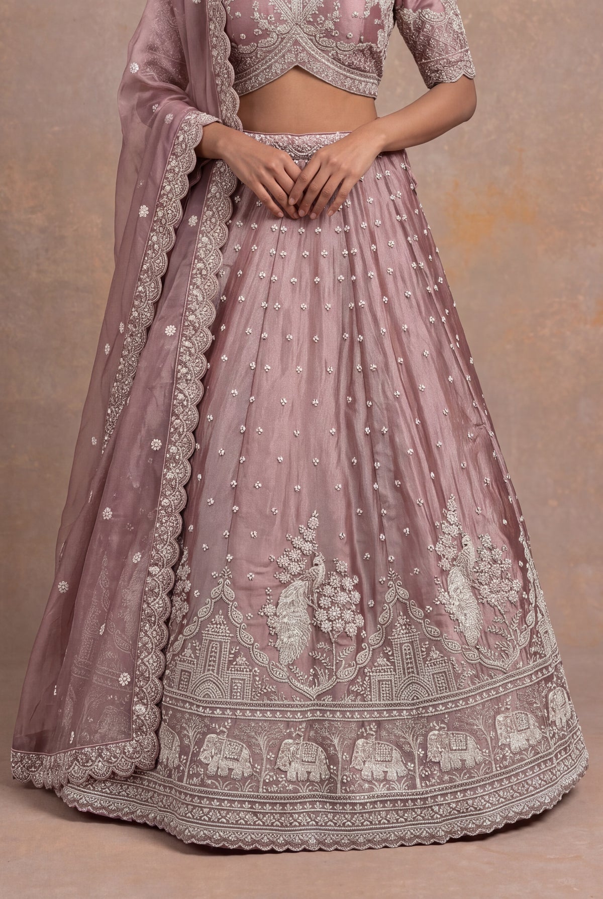 Dusty Rose Shimmer Organza Embroidered Lehenga
