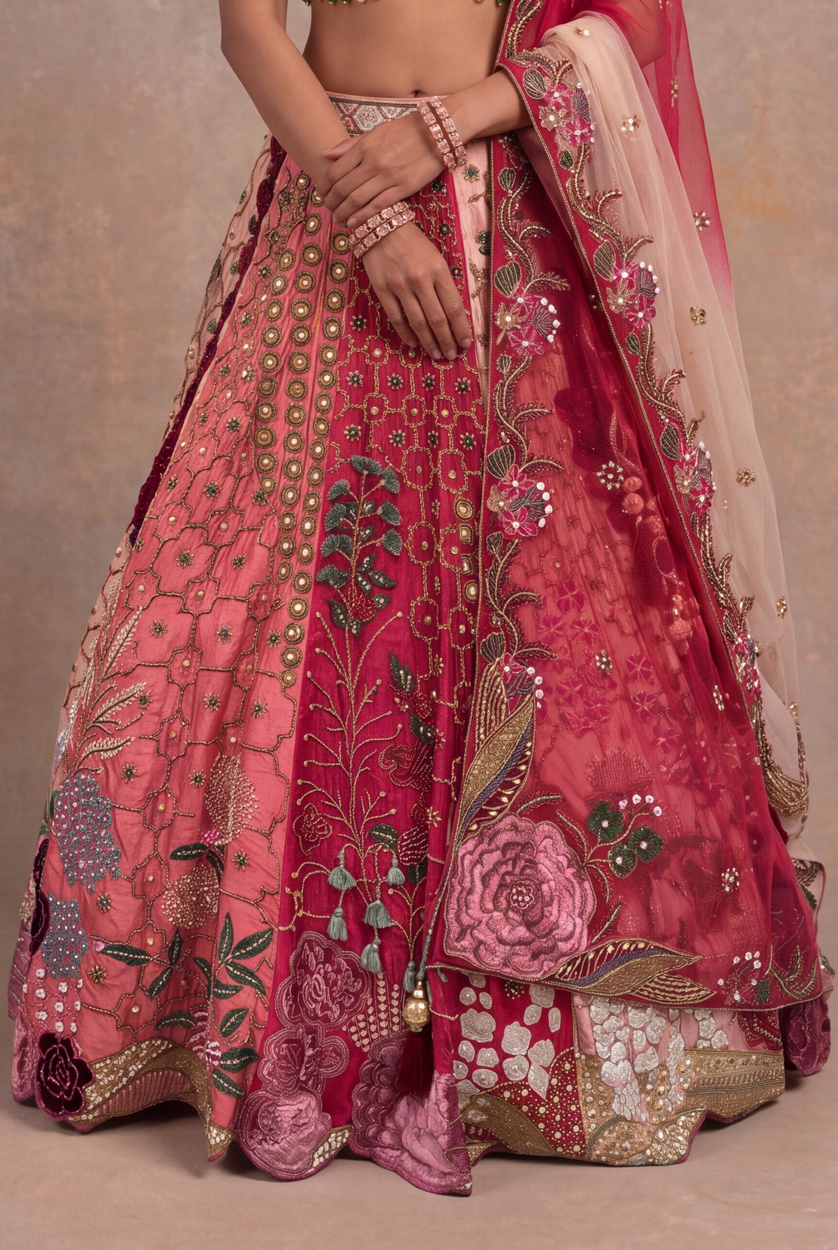 Multicolour Pink Raw Silk Embroidered Lehenga