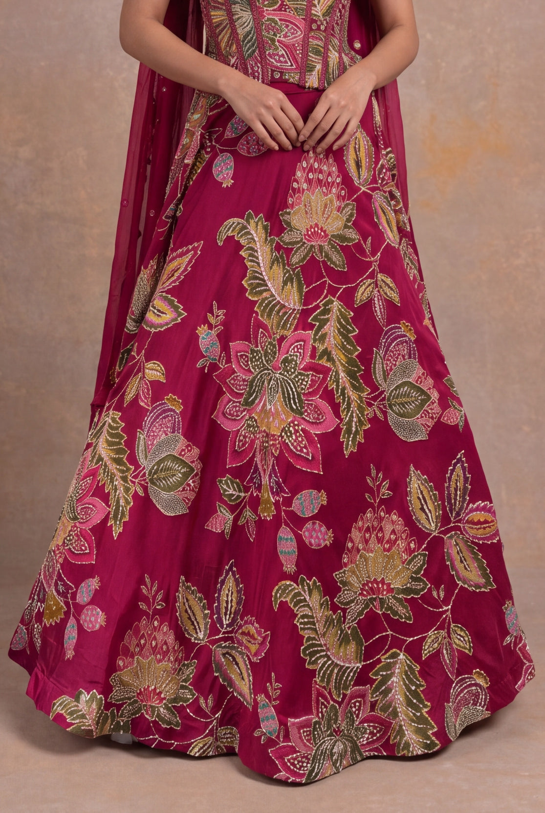 Rani Pink Organza Floral Embroidered Corset Lehenga