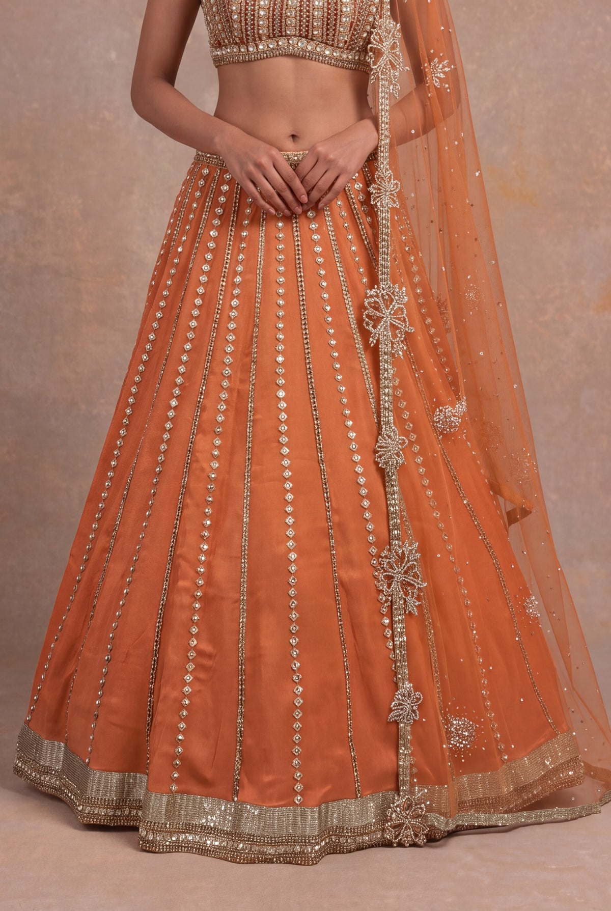Gold Orange Tissue Lehenga Set with Sequin and Stone Work