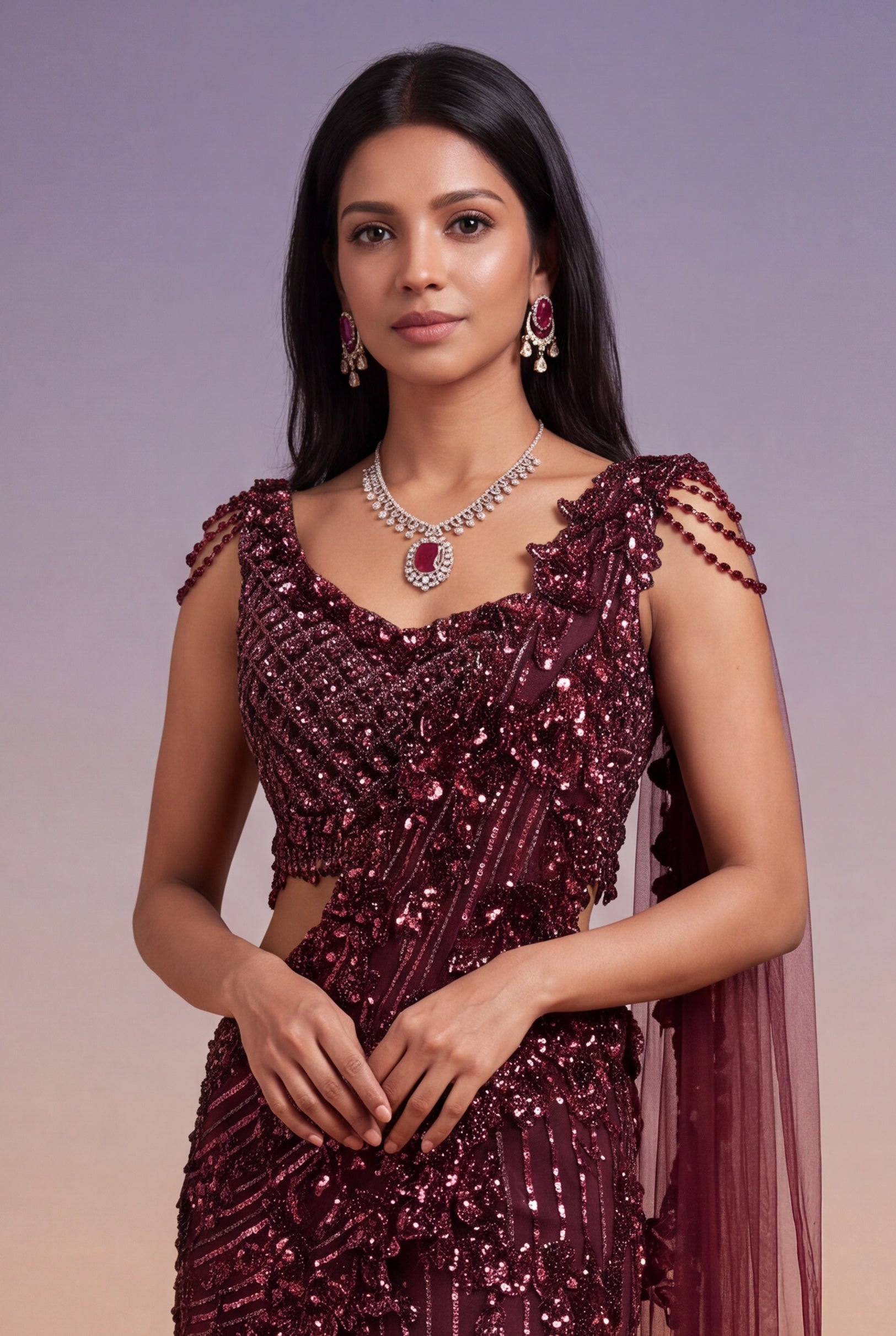 Wine Net Fish-Cut Indo-Western Drape Saree