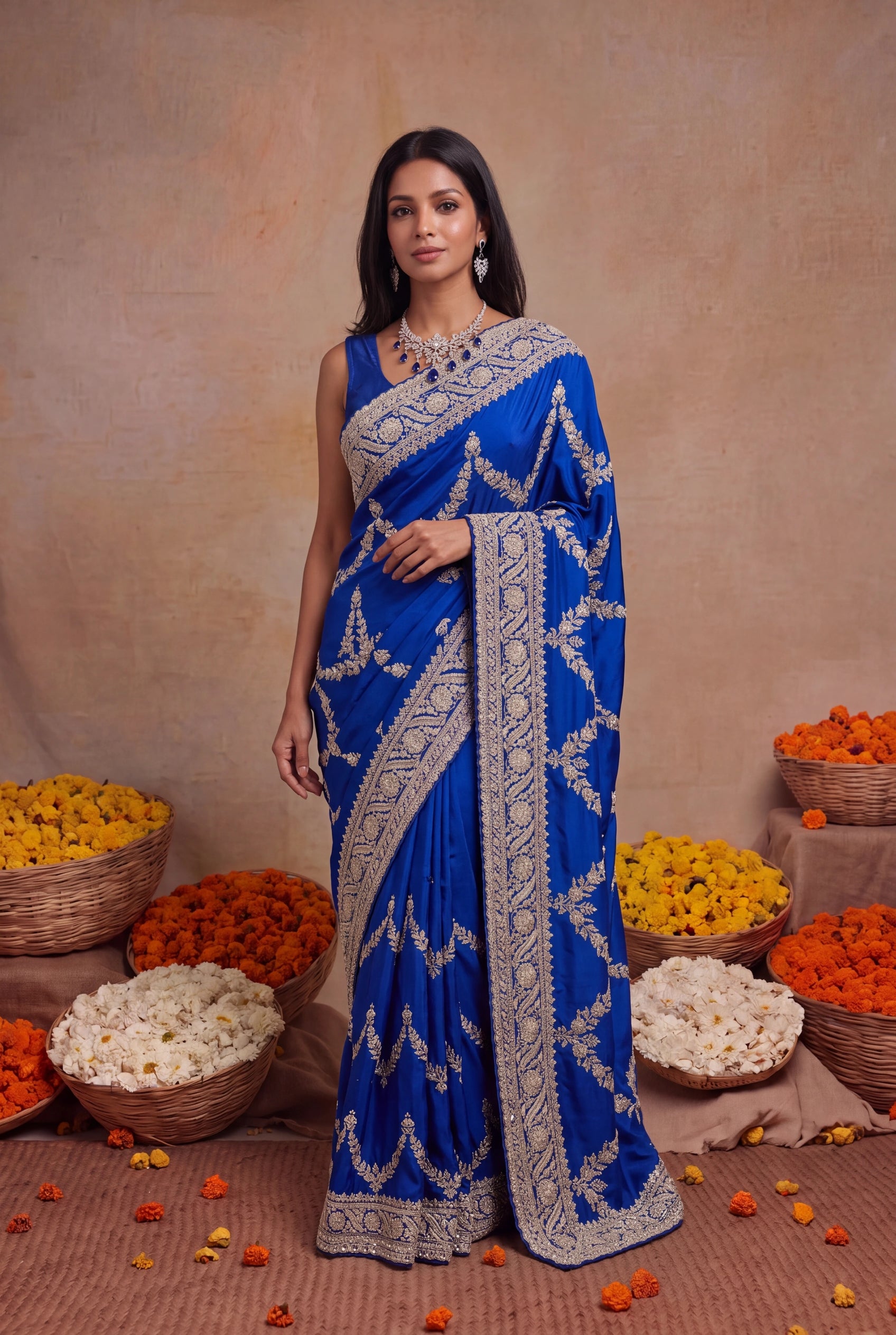 Ink Blue Satin Saree with Zardosi Embroidery