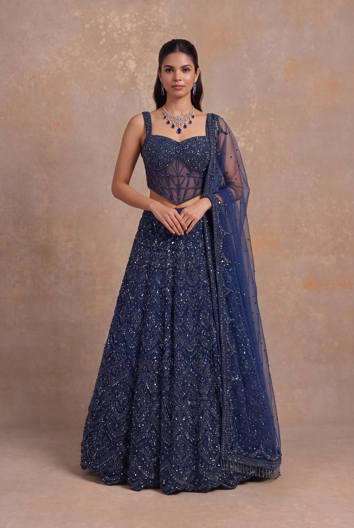 Navy Blue Net Corset Lehenga