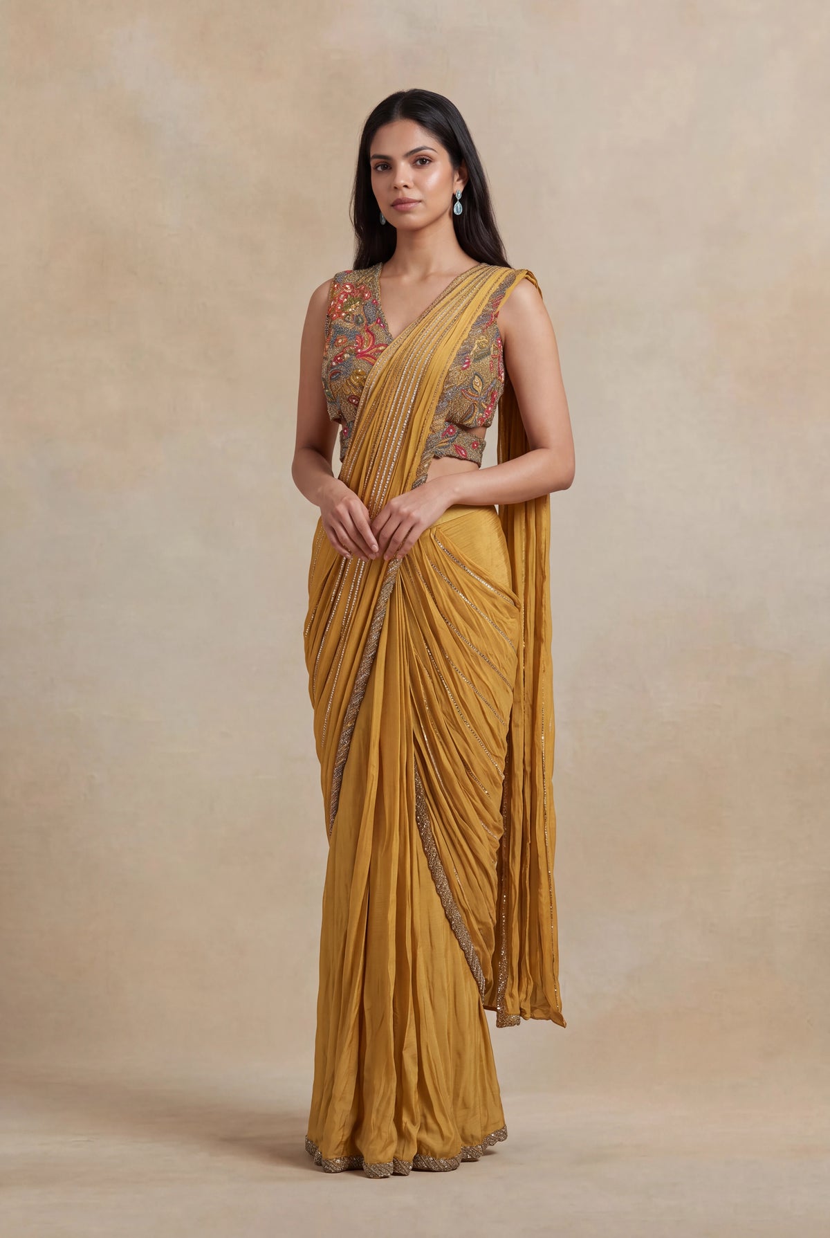 Mustard Yellow Draped Saree with Metallic Embroidered Blouse