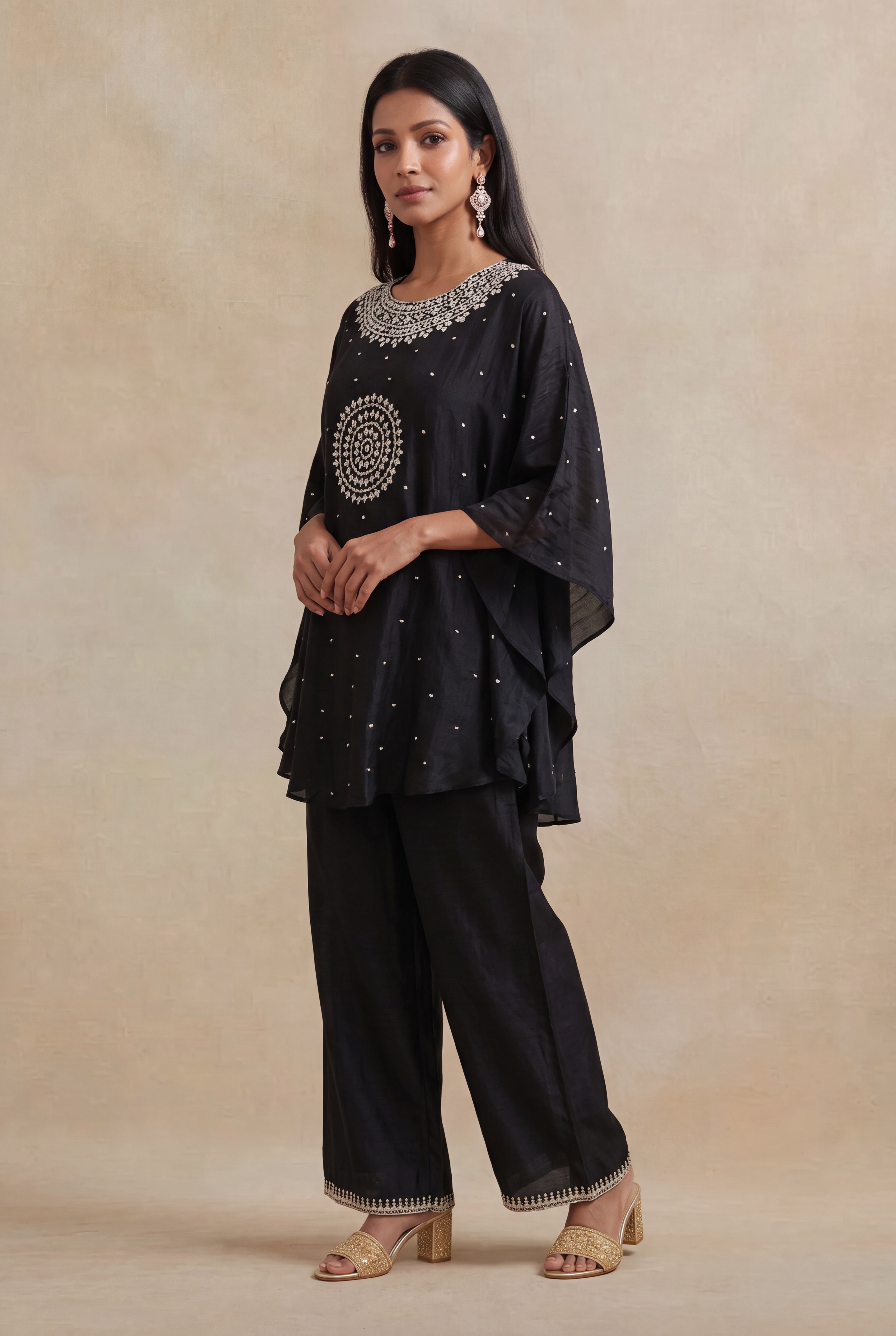 Black Raw Silk Sequin Embroidered Kaftan Co-ord Set