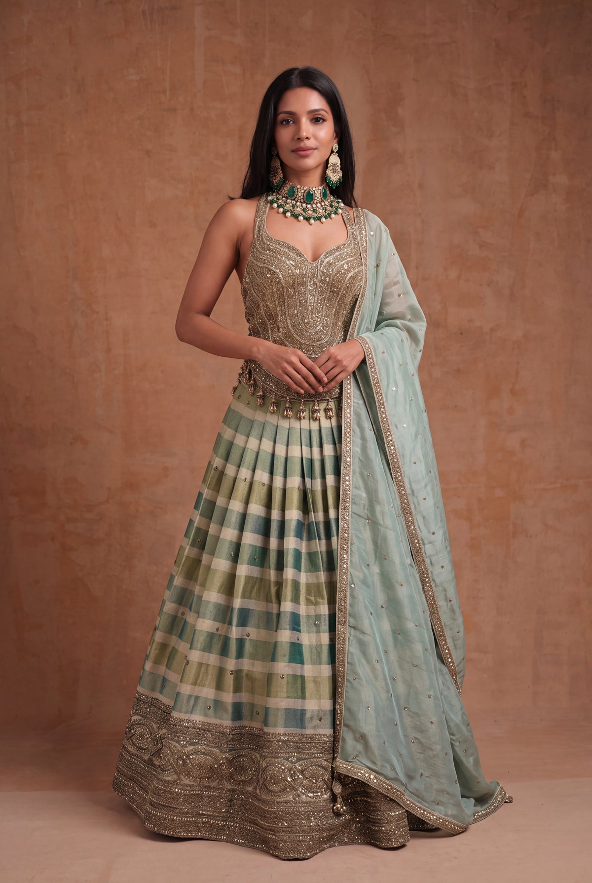 Sage Green Checked Tissue Lehenga