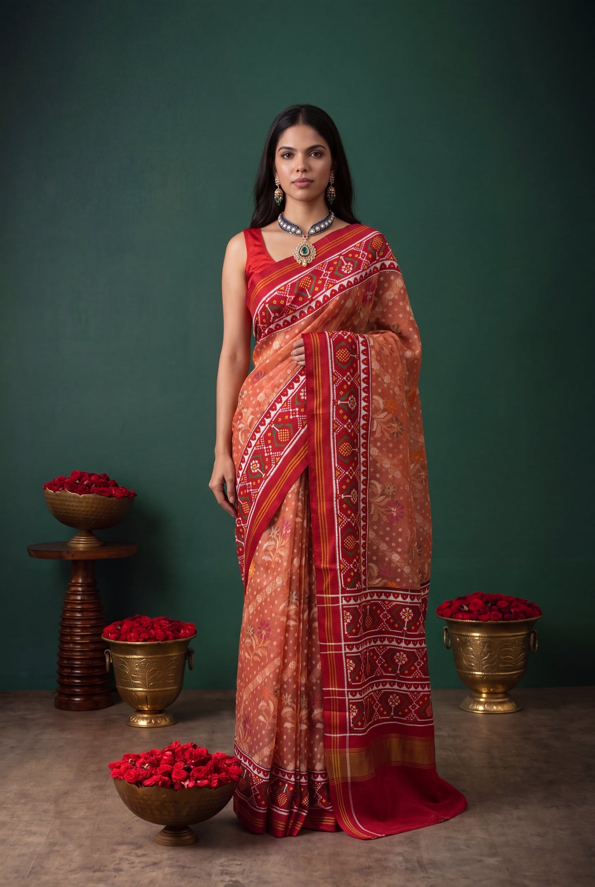 Peach Kora Silk Jamdani Saree