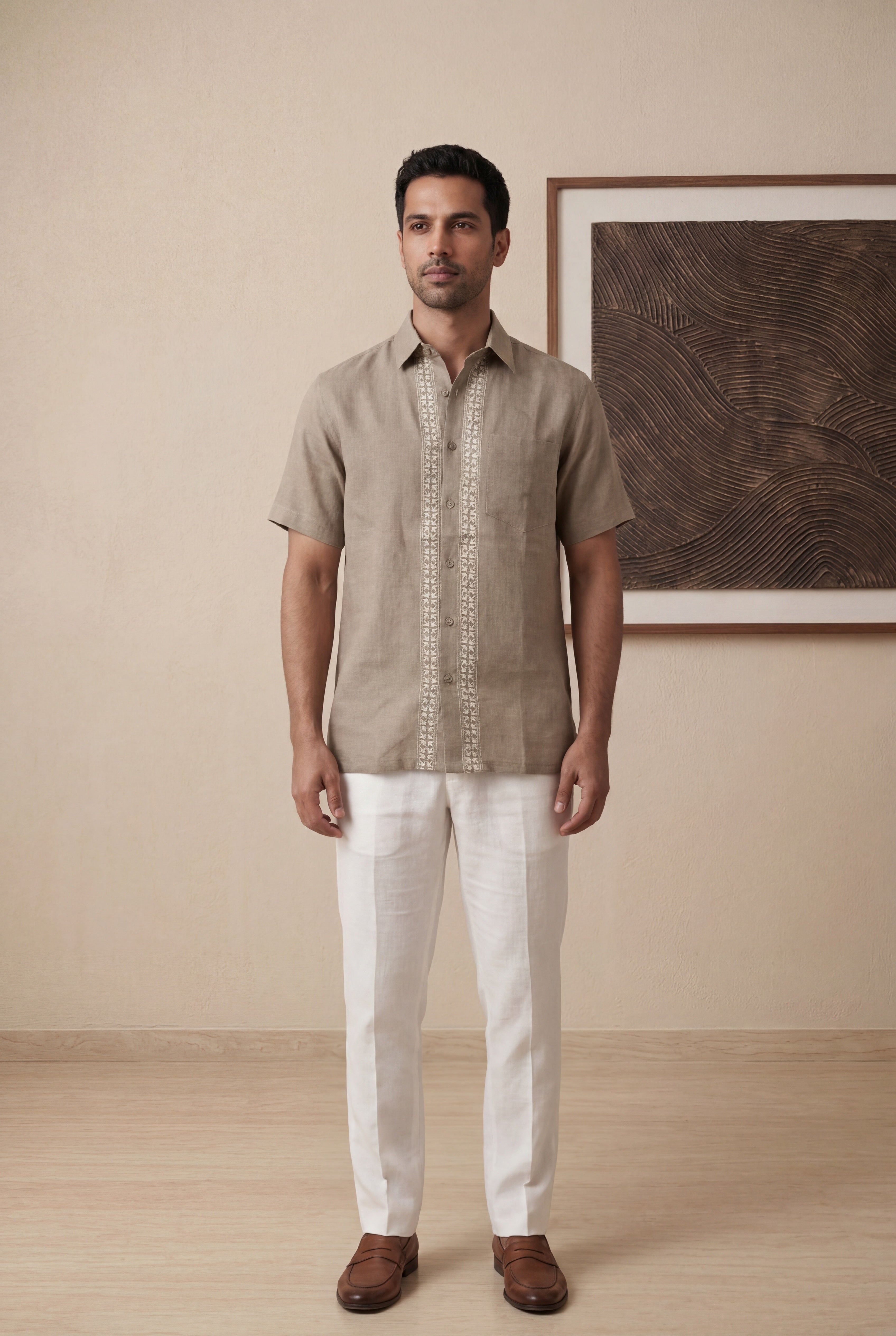 Dark Beige Linen Half Sleeve Shirt