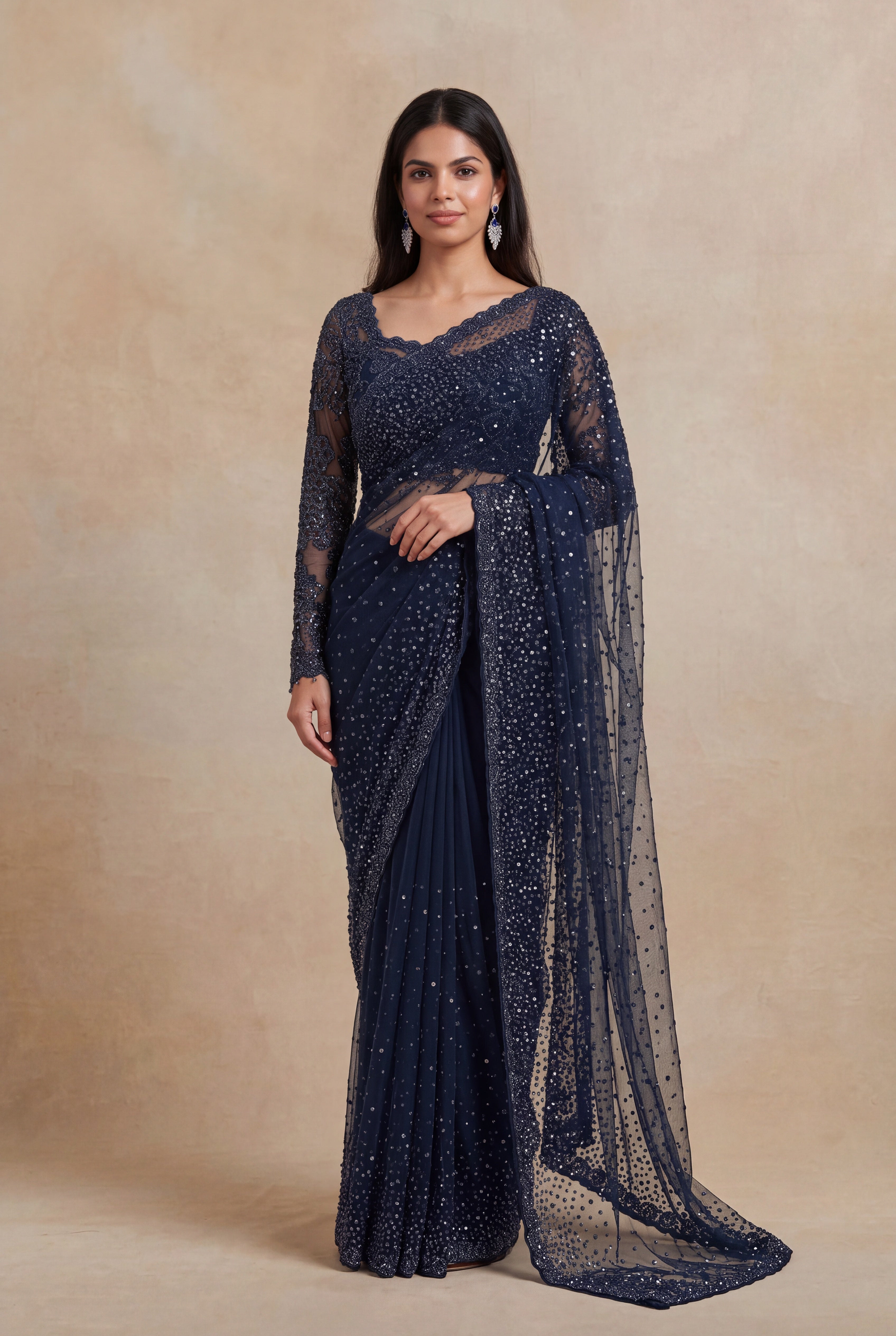 Navy Blue Net Designer Saree