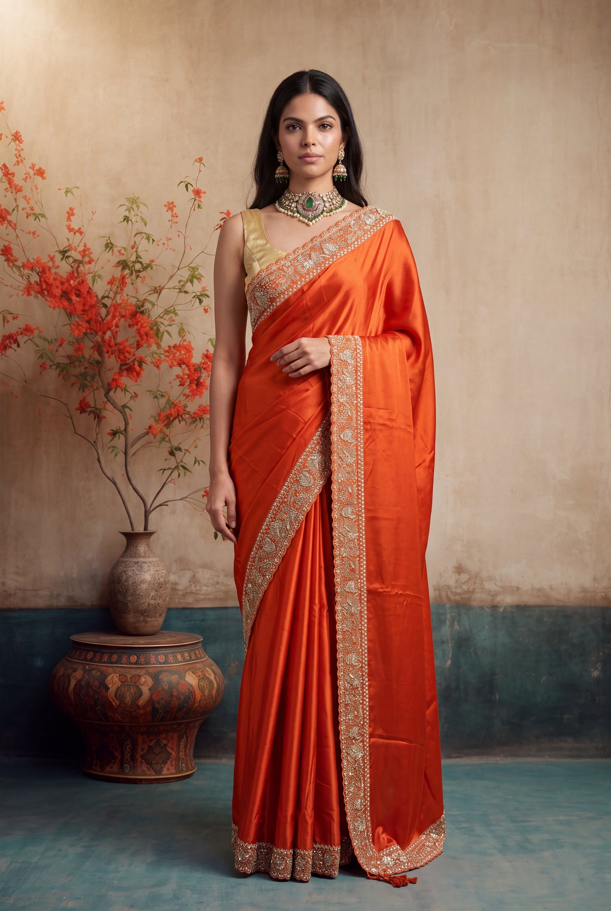 Orange Satin Silk Saree
