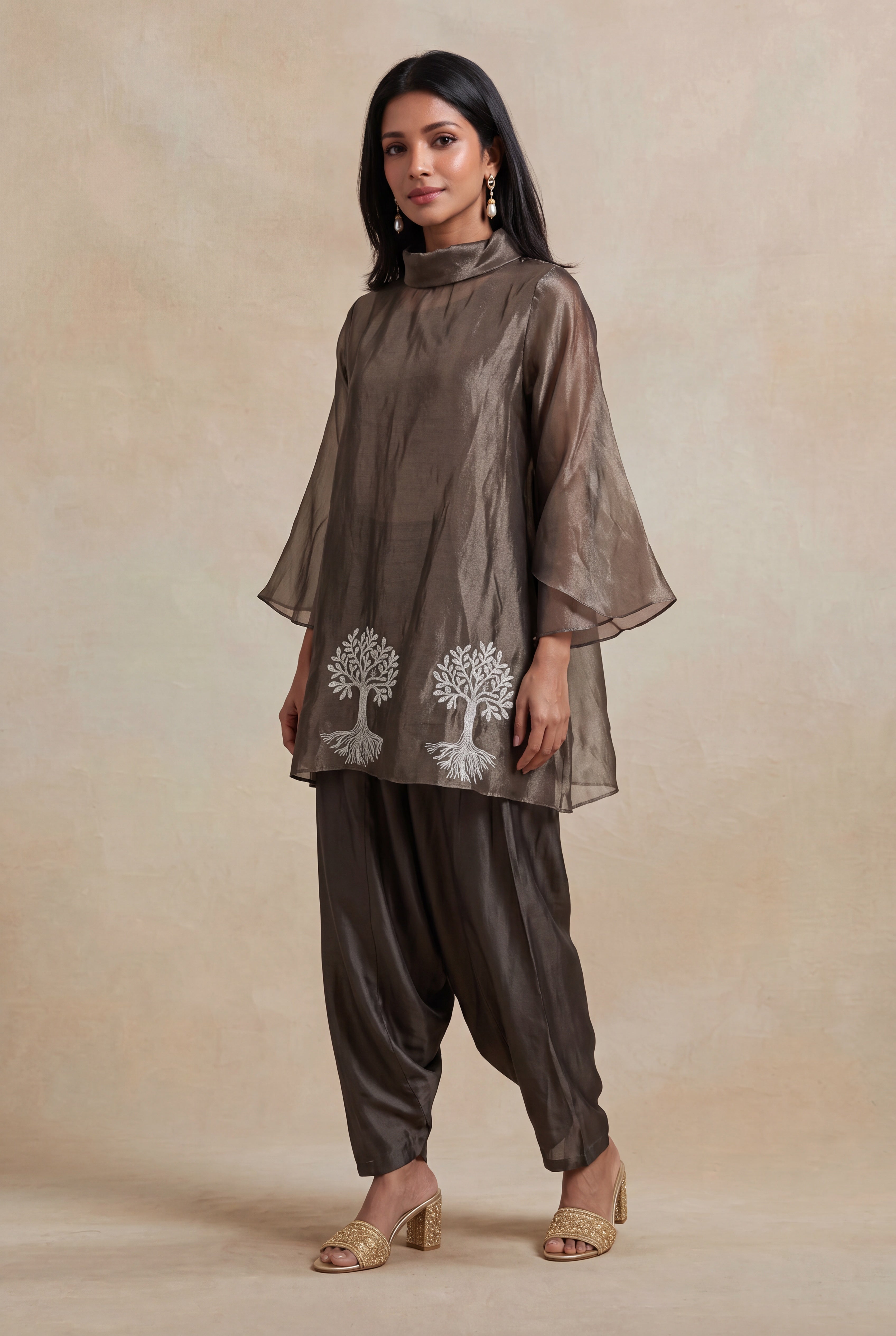 Taupe Tissue Indo-Western Co-Ord Set