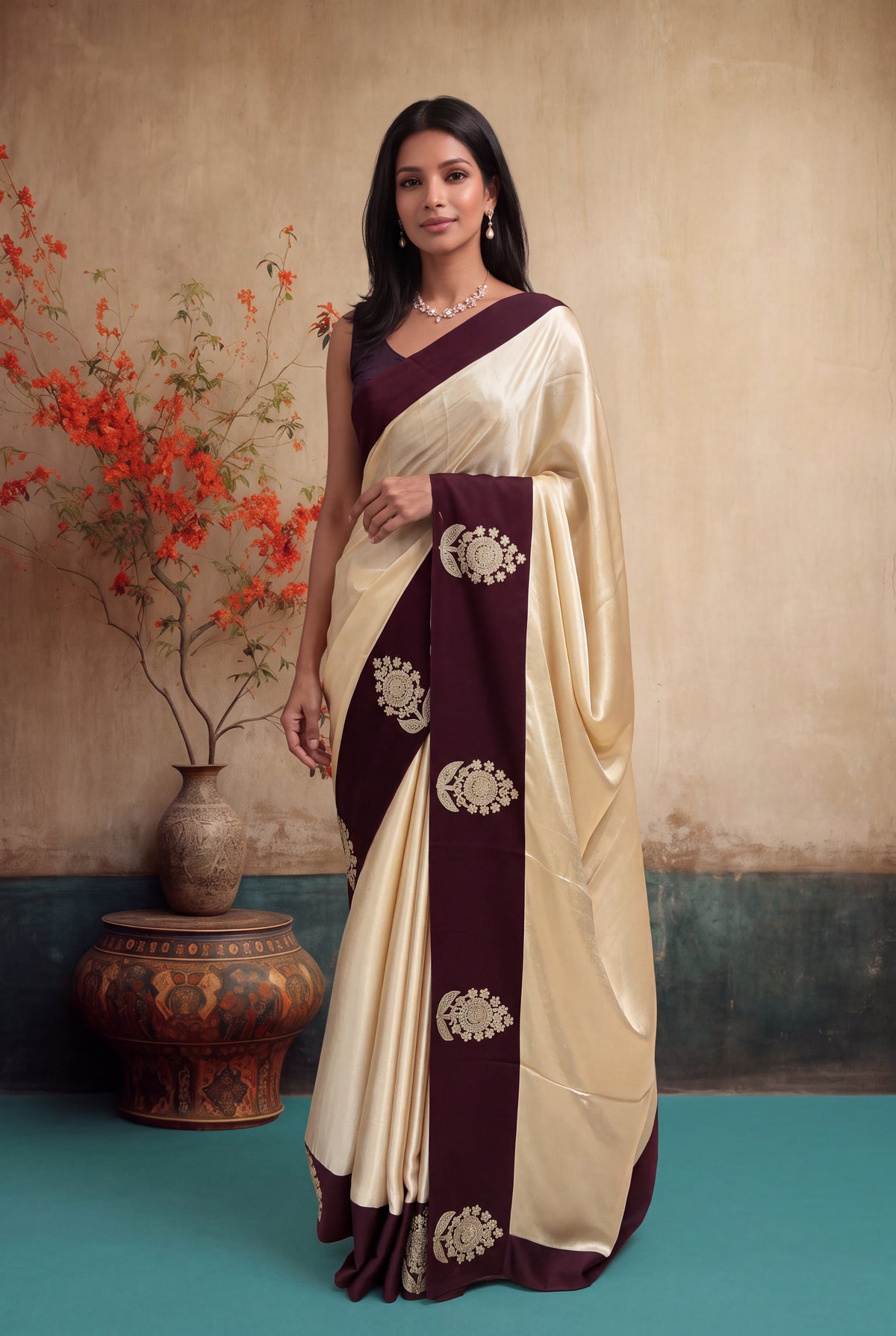 Ivory Crepe Silk Saree