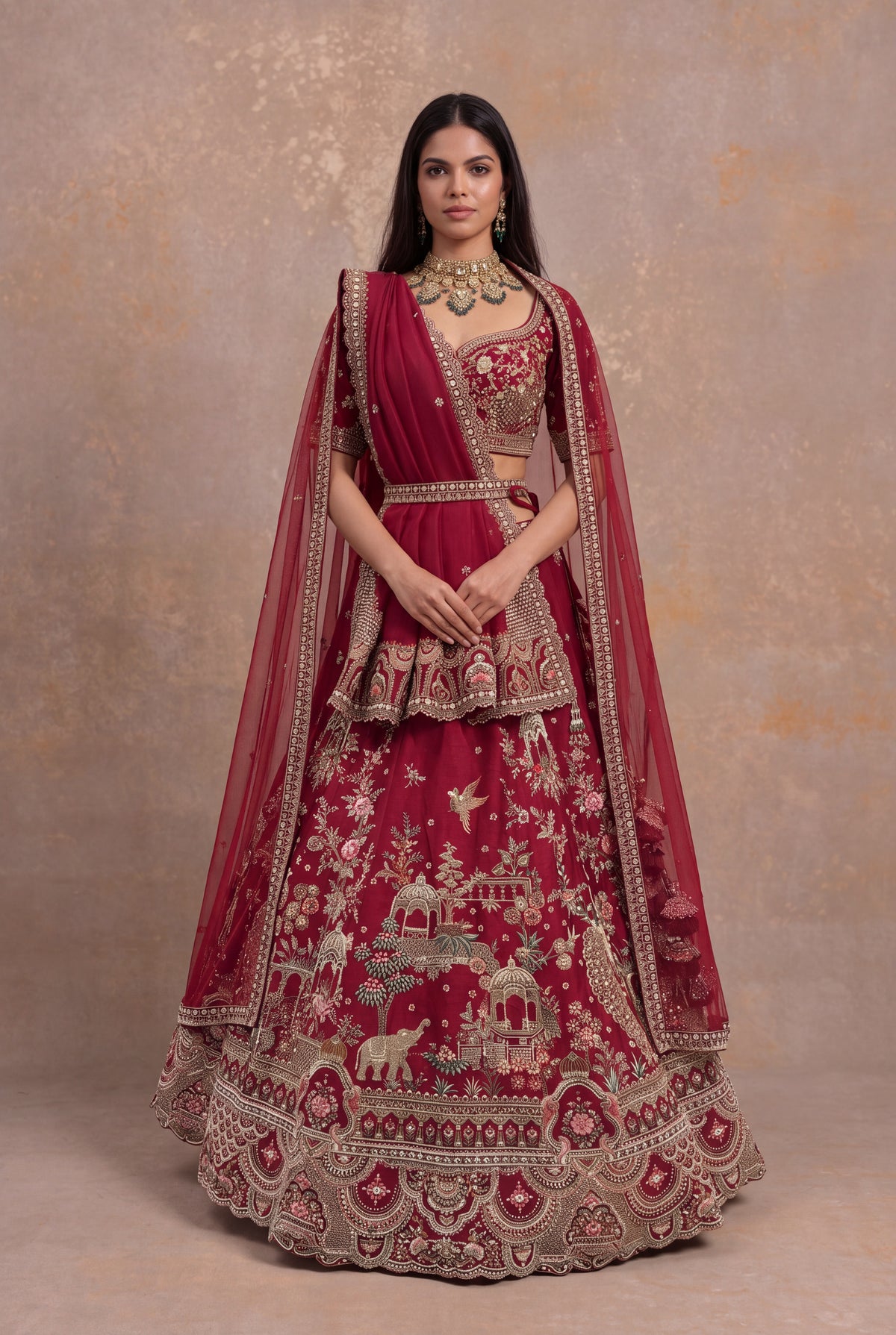 Maroon Raw Silk Lehenga Set with Thread and Cutdana Work