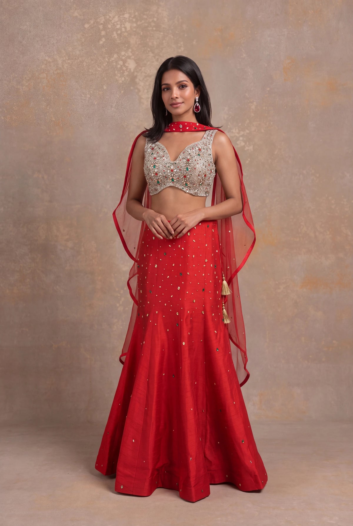Red Raw Silk Indo-Western Crop Top & Skirt Set