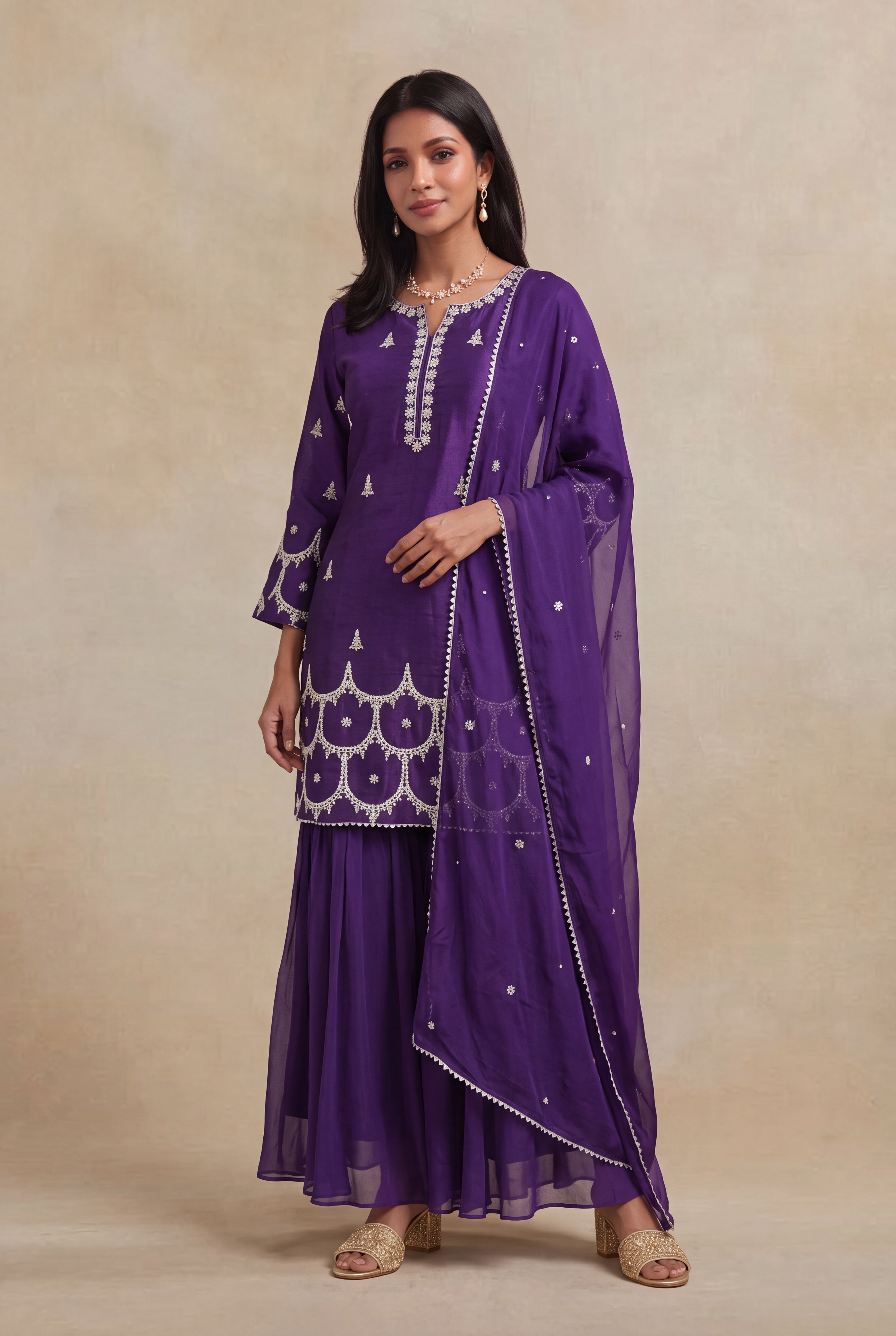 Purple Raw Silk Sharara Set with Zari & Sequin Work
