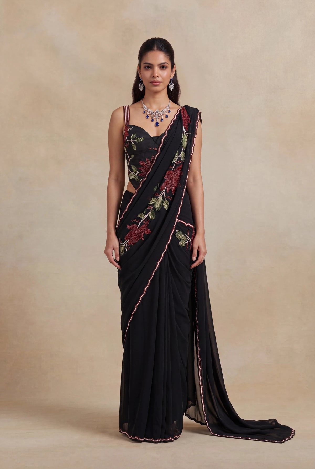 Black Georgette Draped Saree with Floral Sequin Work