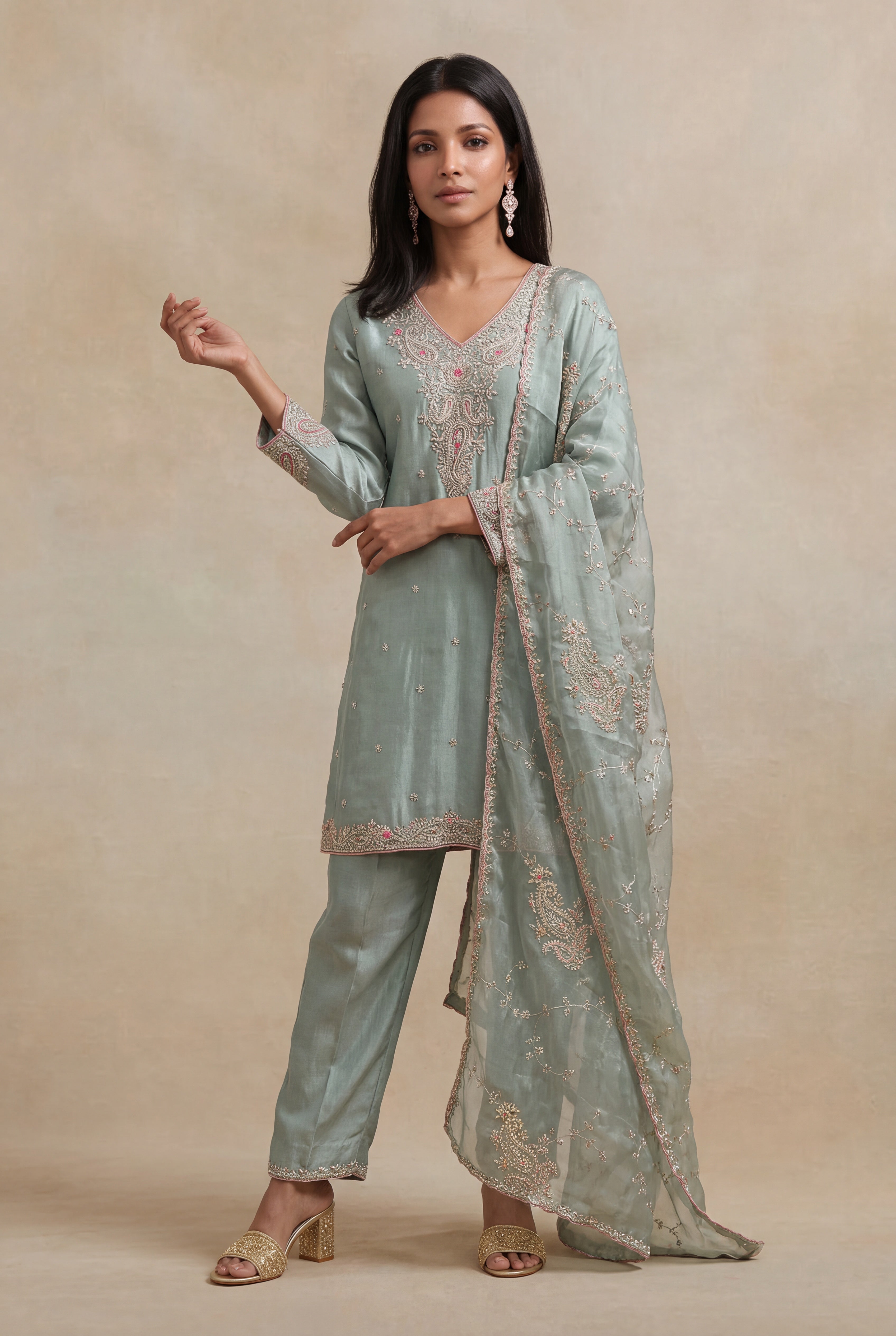 Sage Green Tissue Zardozi Straight Cut Salwar Suit