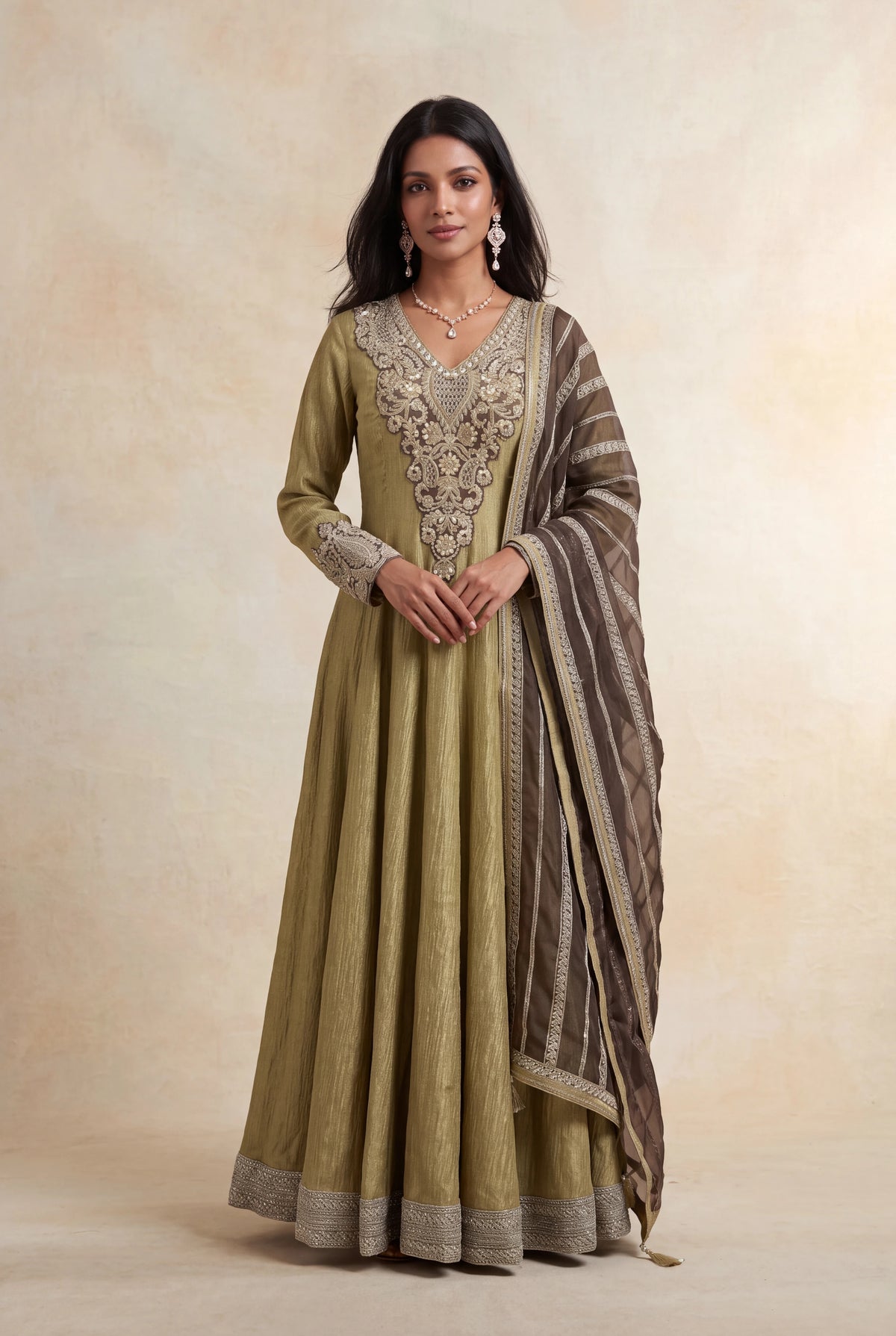 Olive Crush Tissue Anarkali