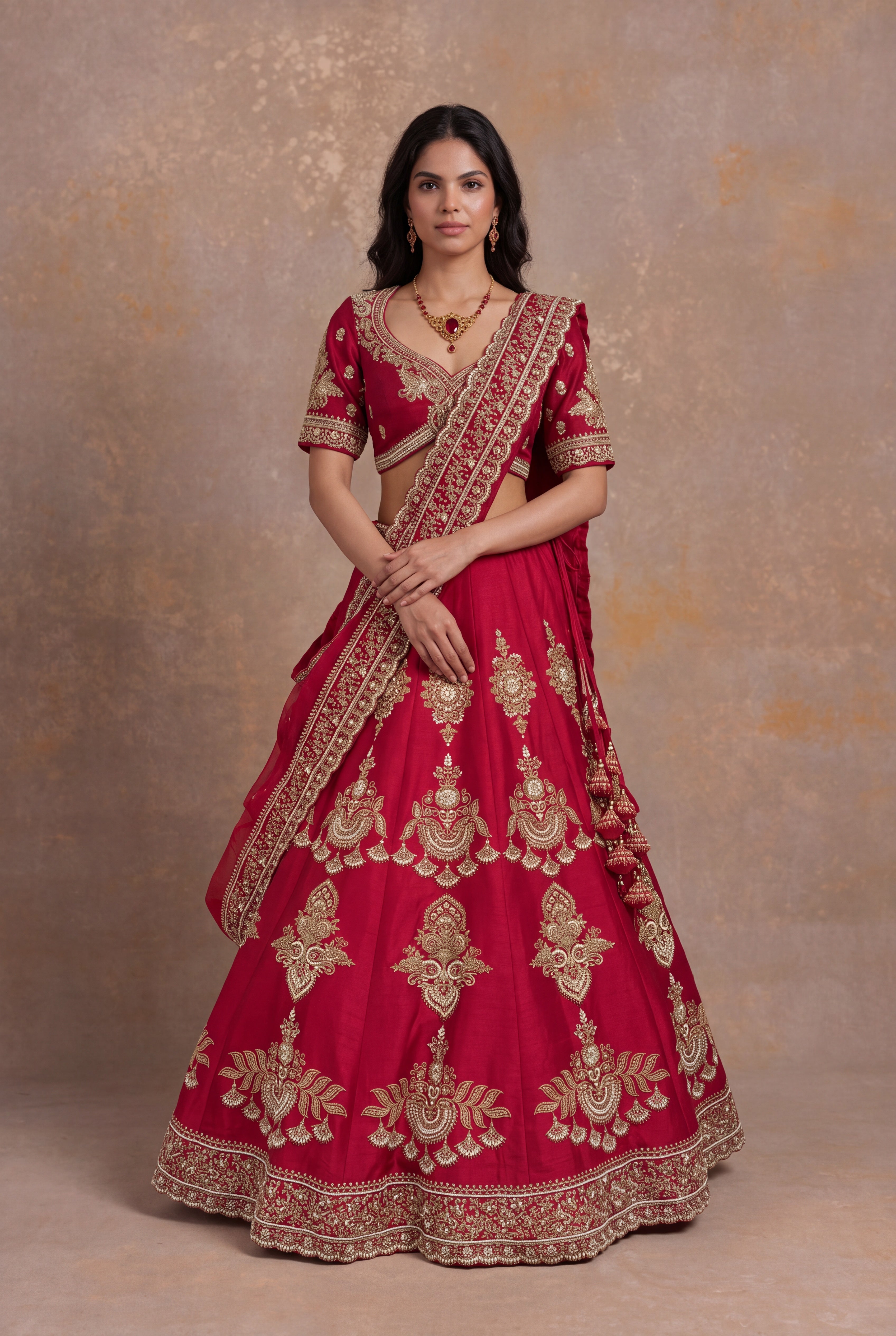 Red Raw Silk Bridal Lehenga with Antique Gold Zardozi Embroidery