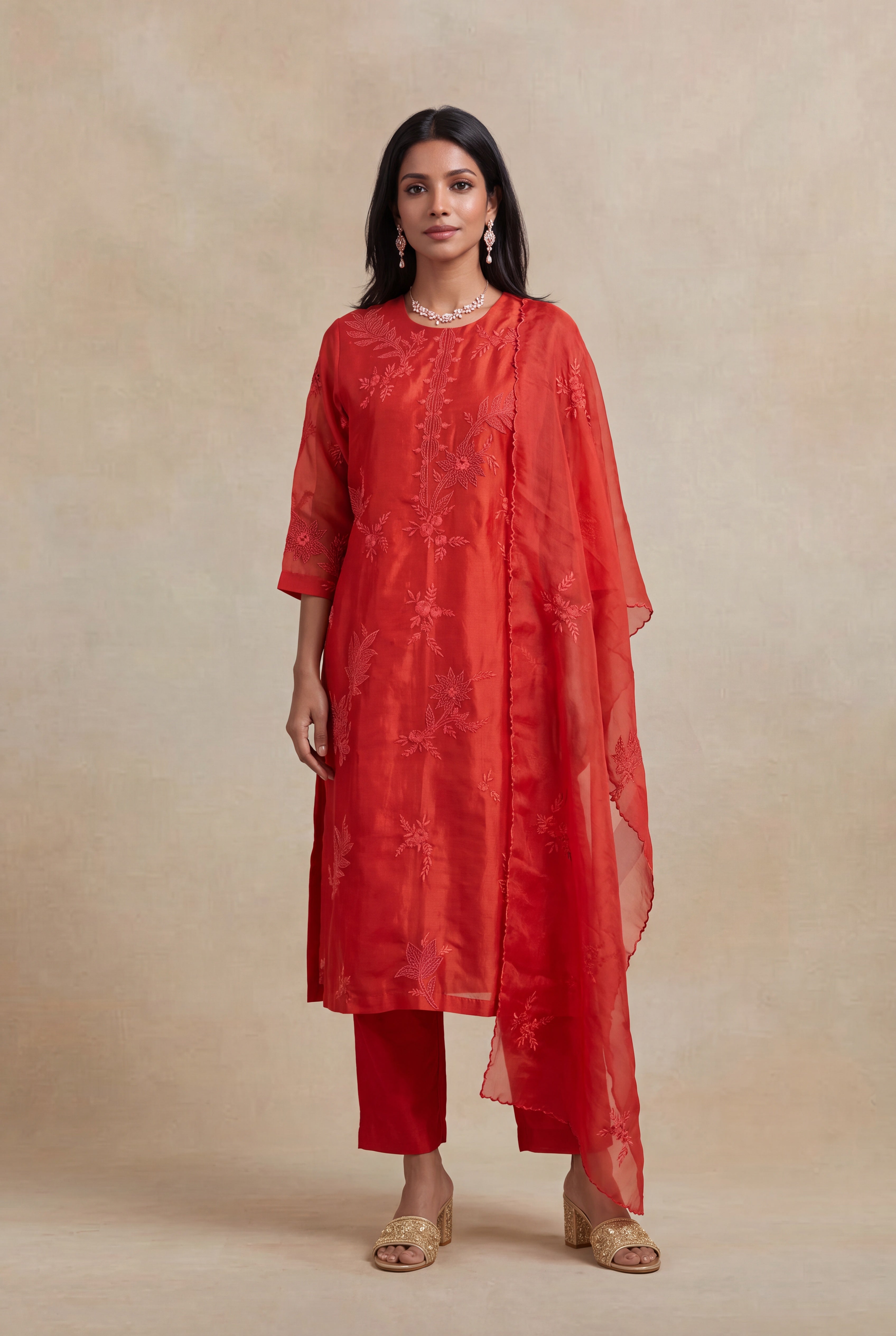 Rust Orange Organza Embroidered Straight-Cut Salwar Set