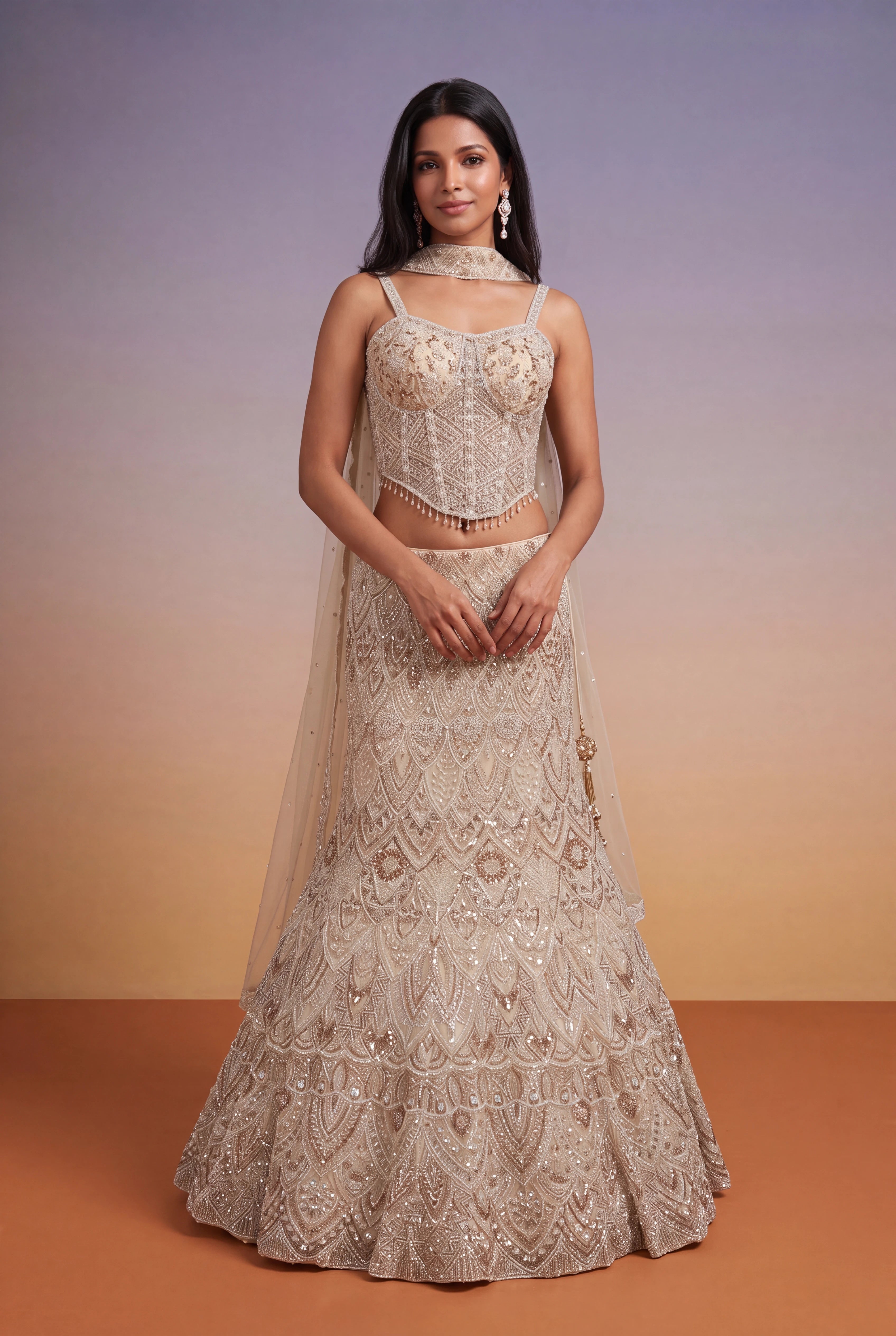 Champagne Net Lehenga with Corset Blouse and Sequin-Kutdana Embroidery