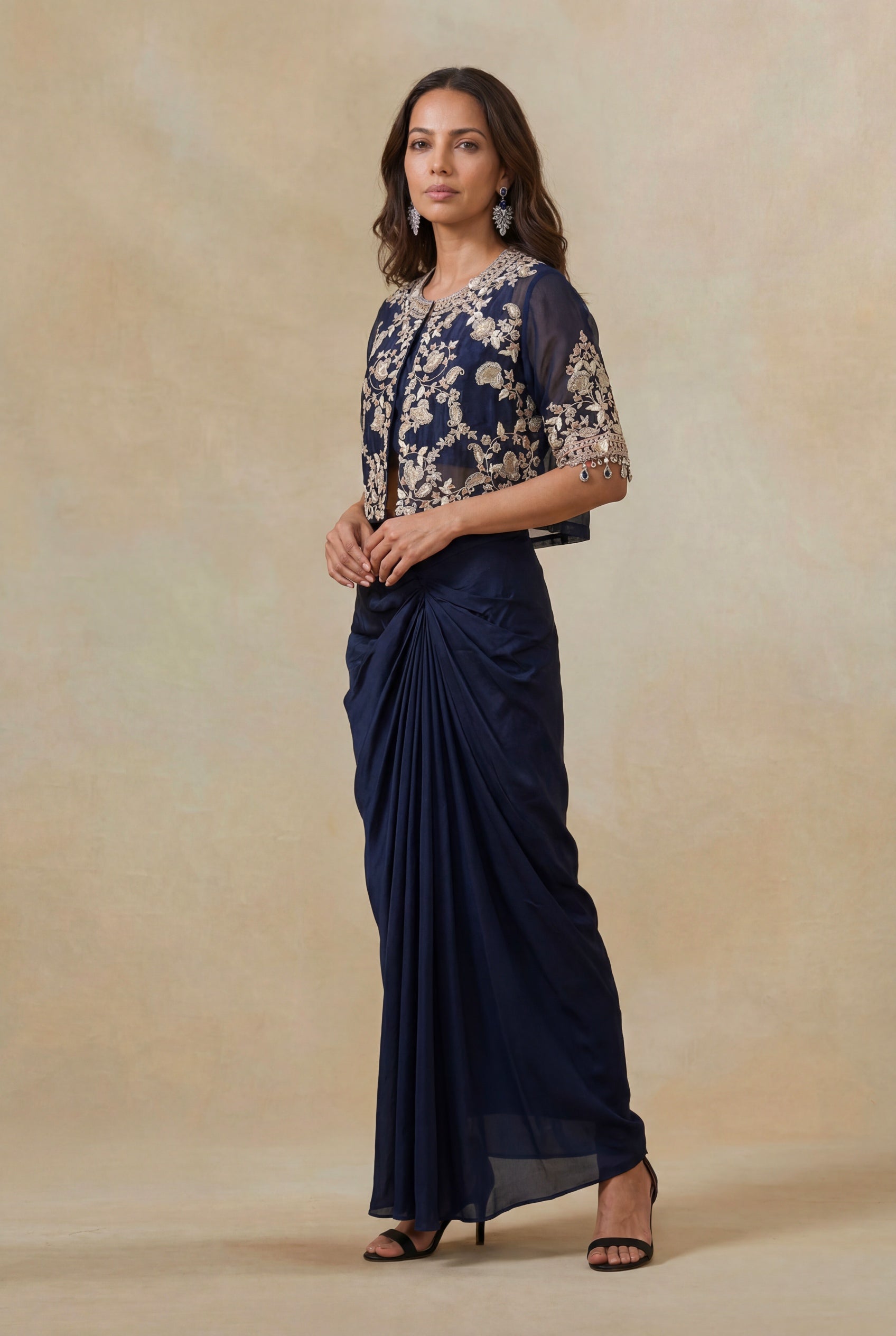Navy Blue Embroidered Silk Indo-Western