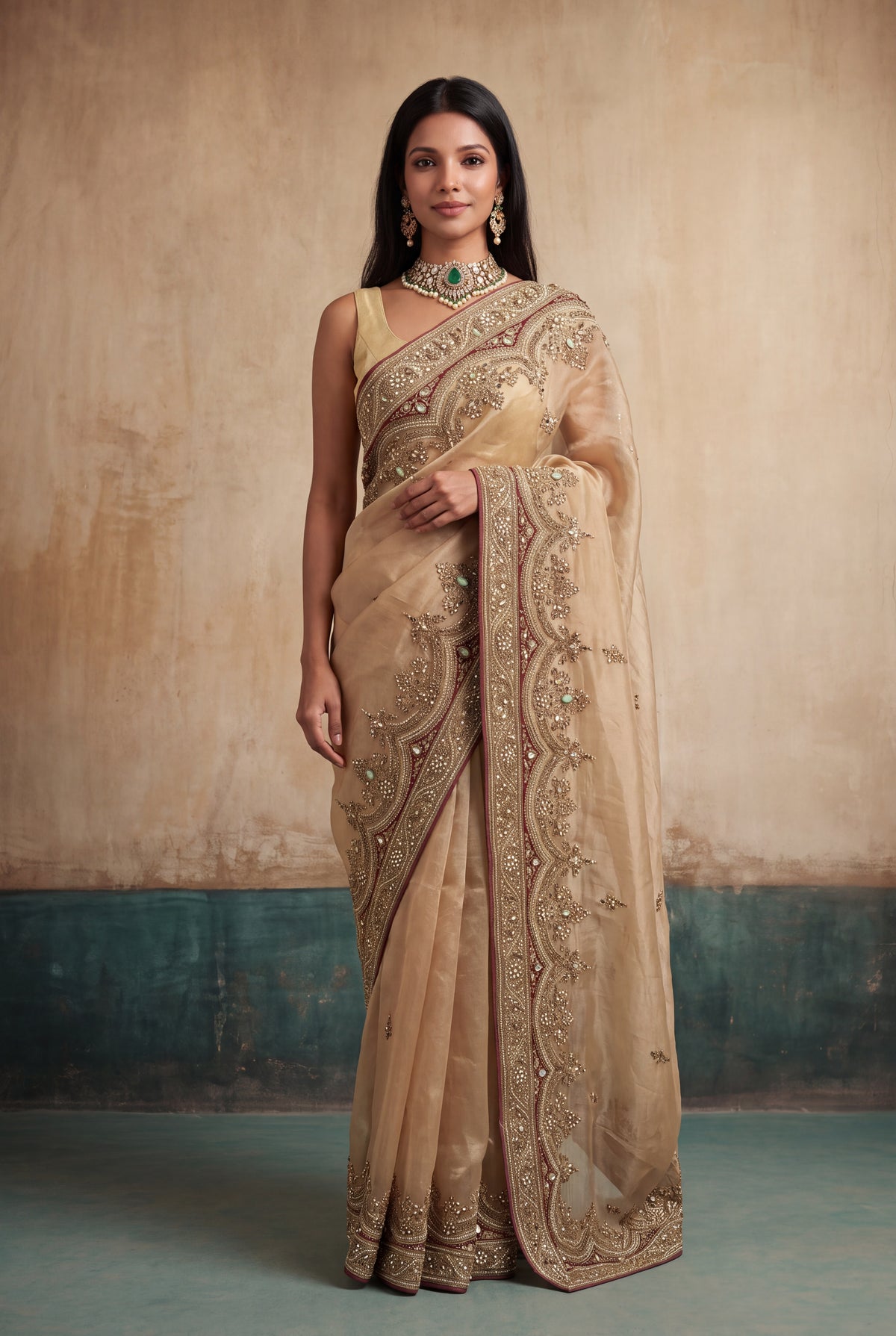 Gold Tissue Organza Zardosi Saree