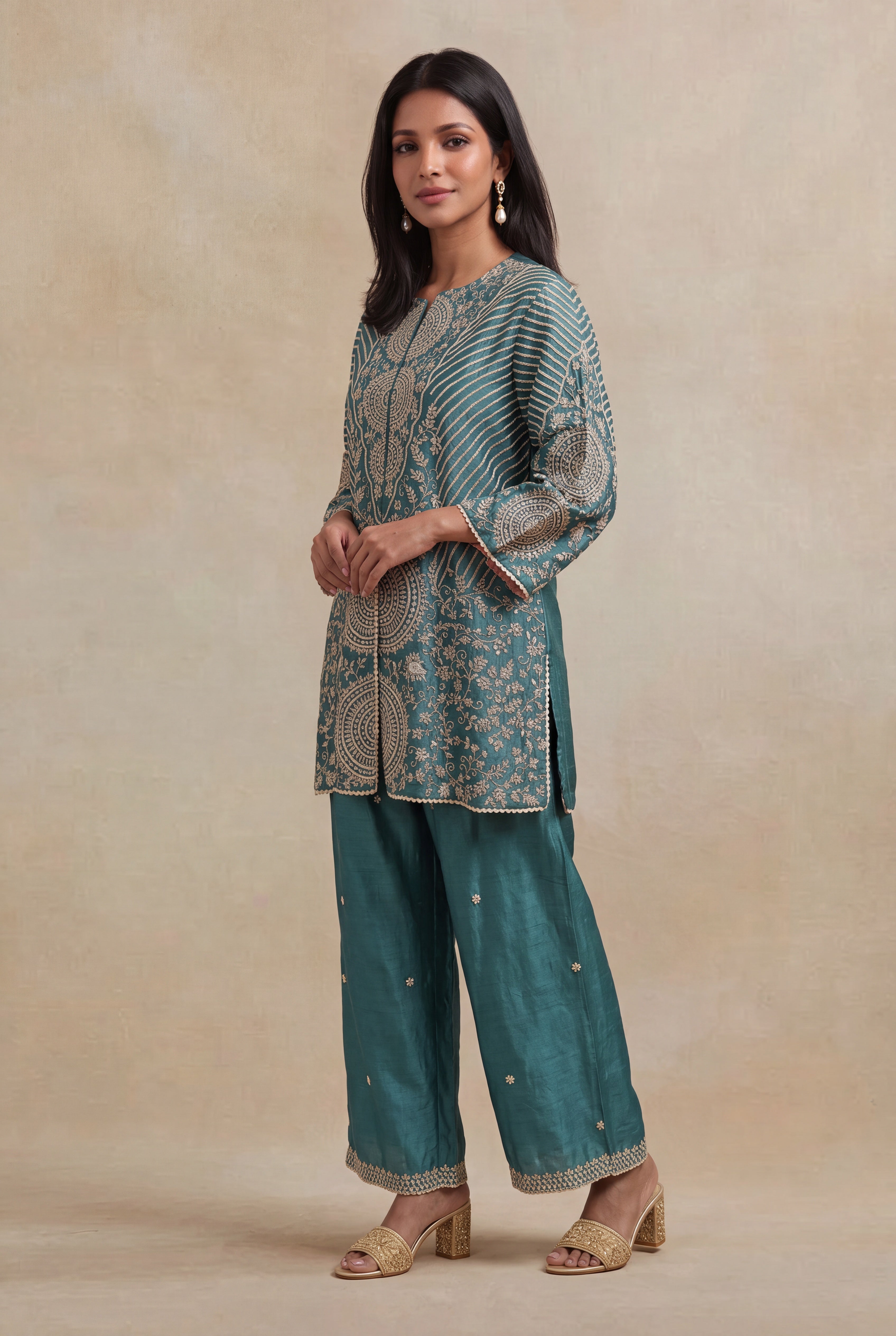 Teal Raw Silk Indo-Western Co-ord Set