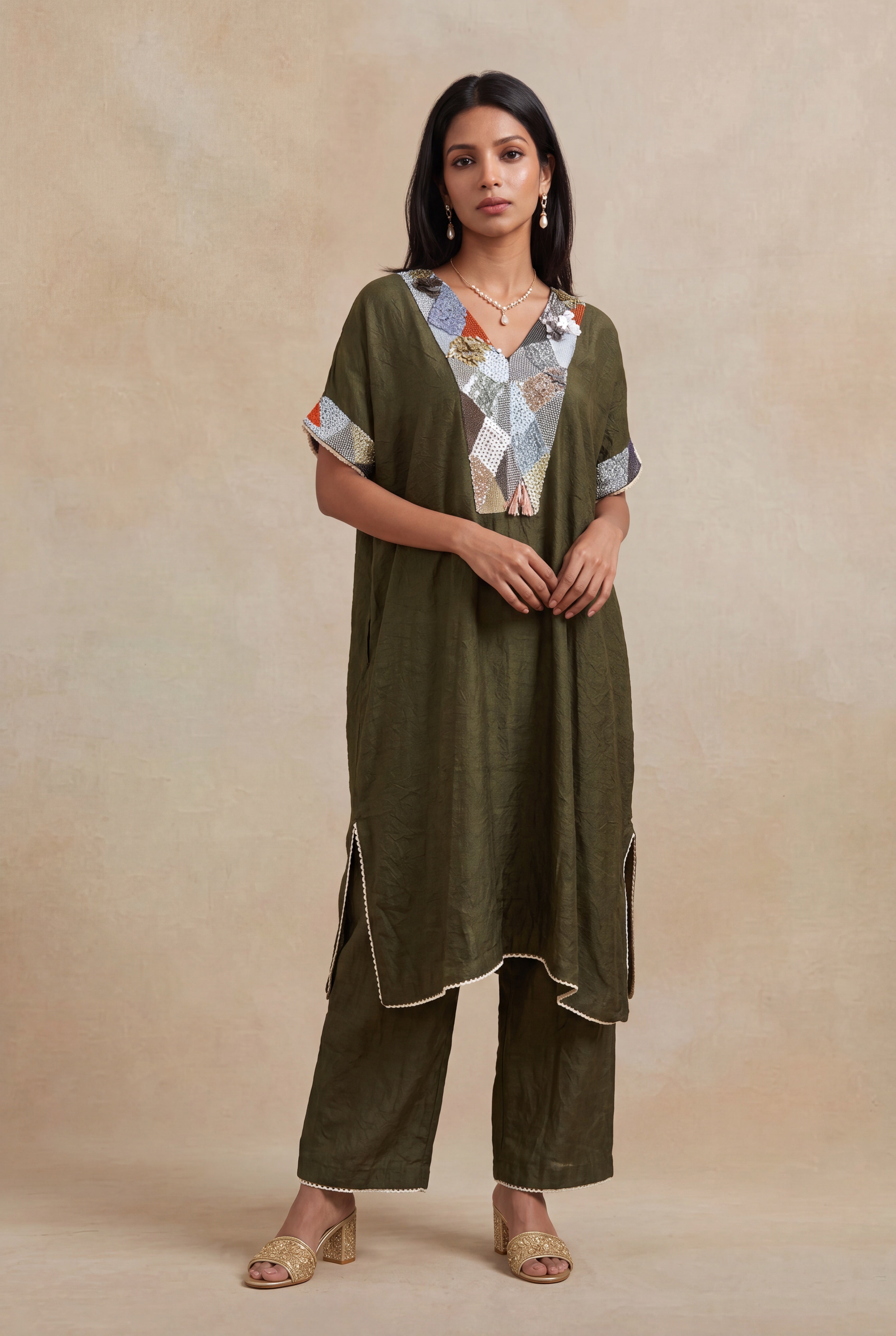 Mehendi Green Soft Silk Kaftan Co-ord Set