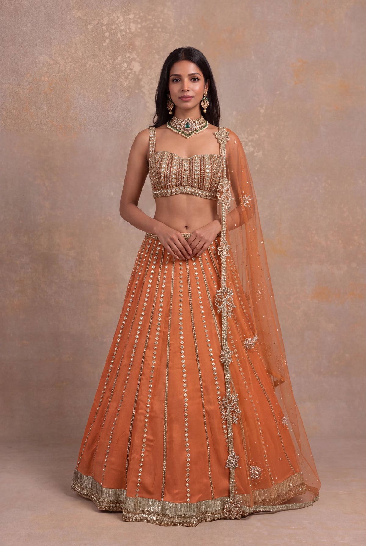 Gold Orange Tissue Lehenga Set with Sequin and Stone Work