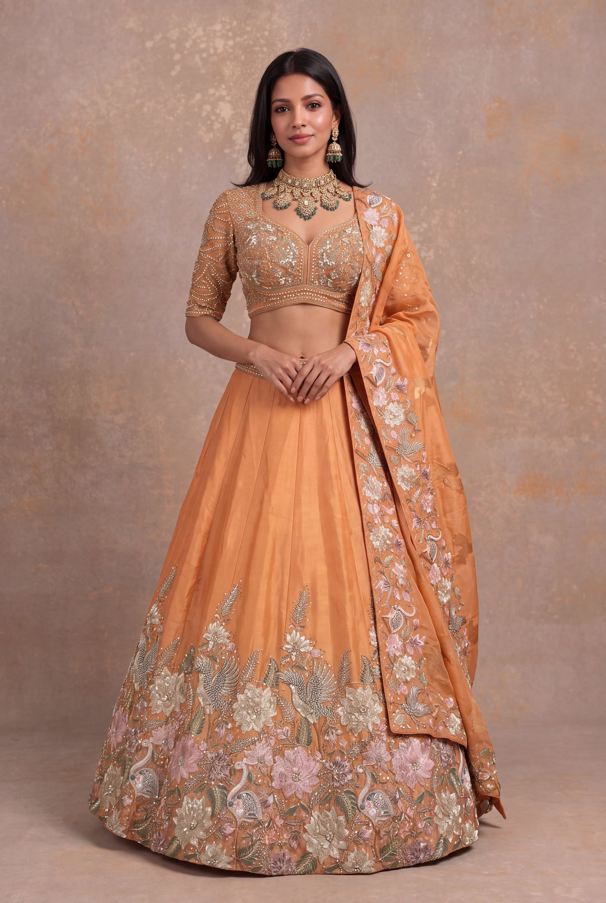 Light Orange Organza Tissue Floral Embroidered Lehenga