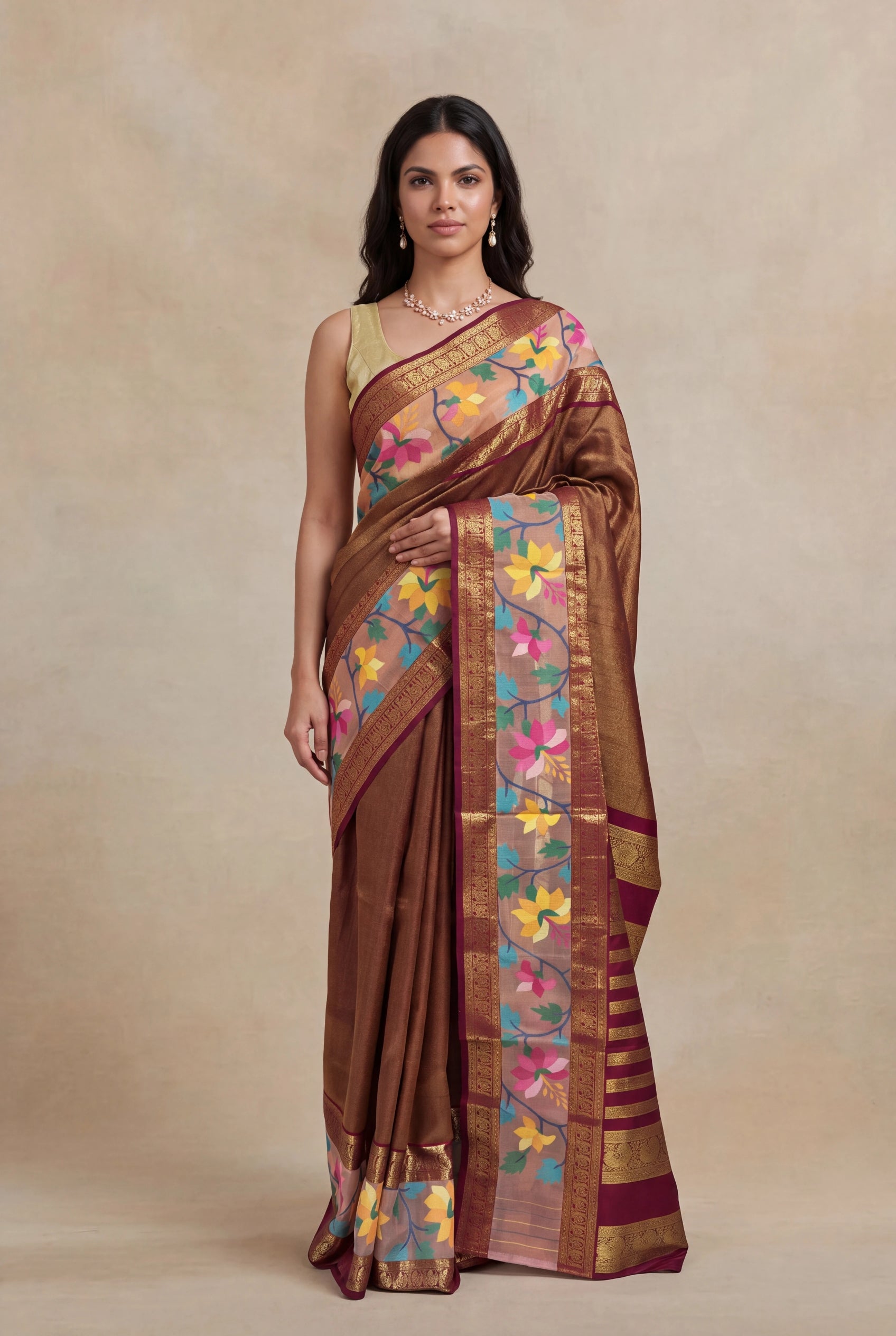 Maroon Kanchivaram Silk Fusion Saree